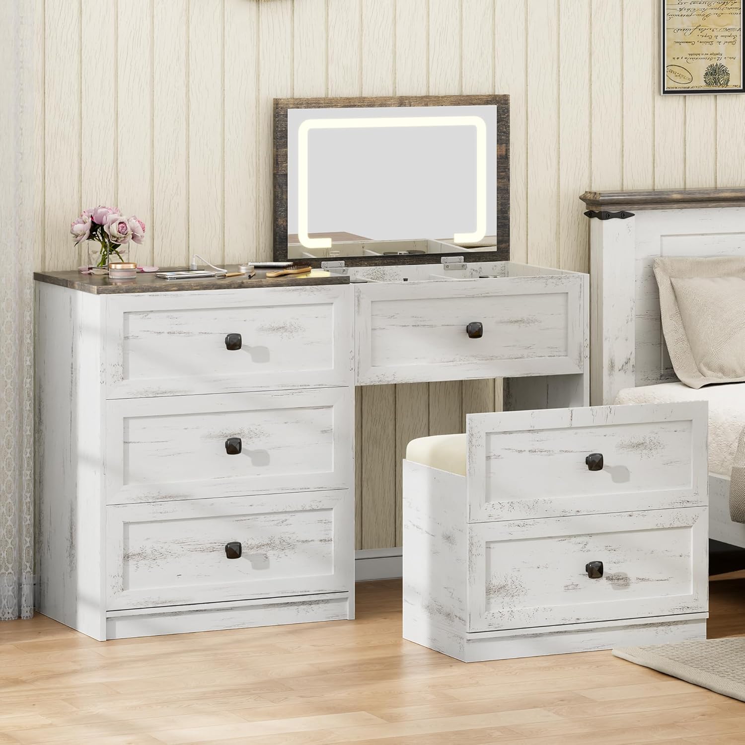 Gurexl 3-in-1 Vanity Desk with Flip Top Mirror and Lights, Makeup Dressing Table with Gun Drawer and Charging Station, Bedroom Vanities with Chair and Hidden Storage (Antique White)