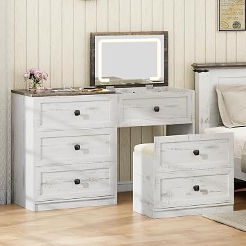 Gurexl 3-in-1 Vanity Desk with Flip Top Mirror and Lights, Makeup Dressing Table with Gun Drawer and Charging Station, Bedroom Vanities with Chair and Hidden Storage Antique White