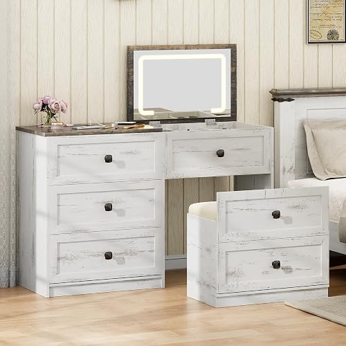 Gurexl 3-in-1 Vanity Desk with Flip Top Mirror and Lights, Makeup Dressing Table with Gun Drawer and Charging Station, Bedroom Vanities with Chair and Hidden Storage (Antique White)