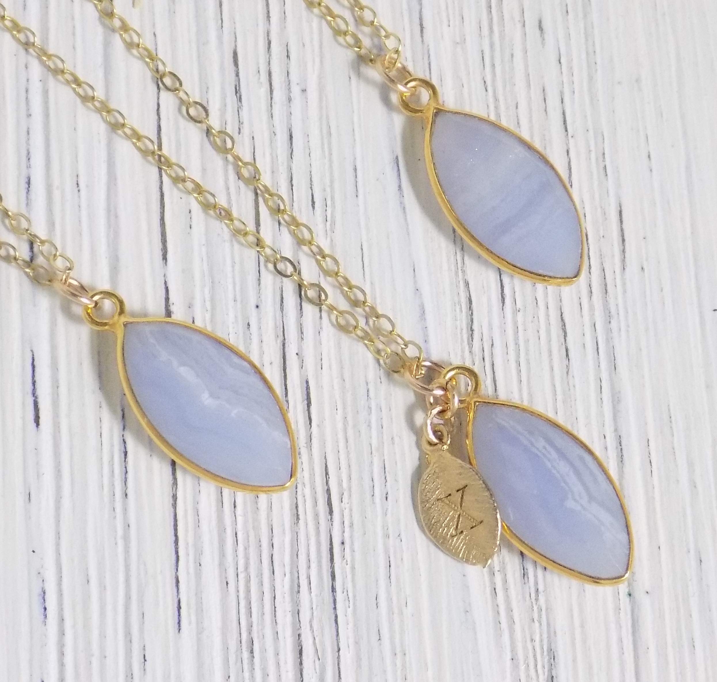 Gold Blue Lace Agate Necklace Marquise Lace Agate Crystal Gold Layer Personalized Custom Initial M3-65