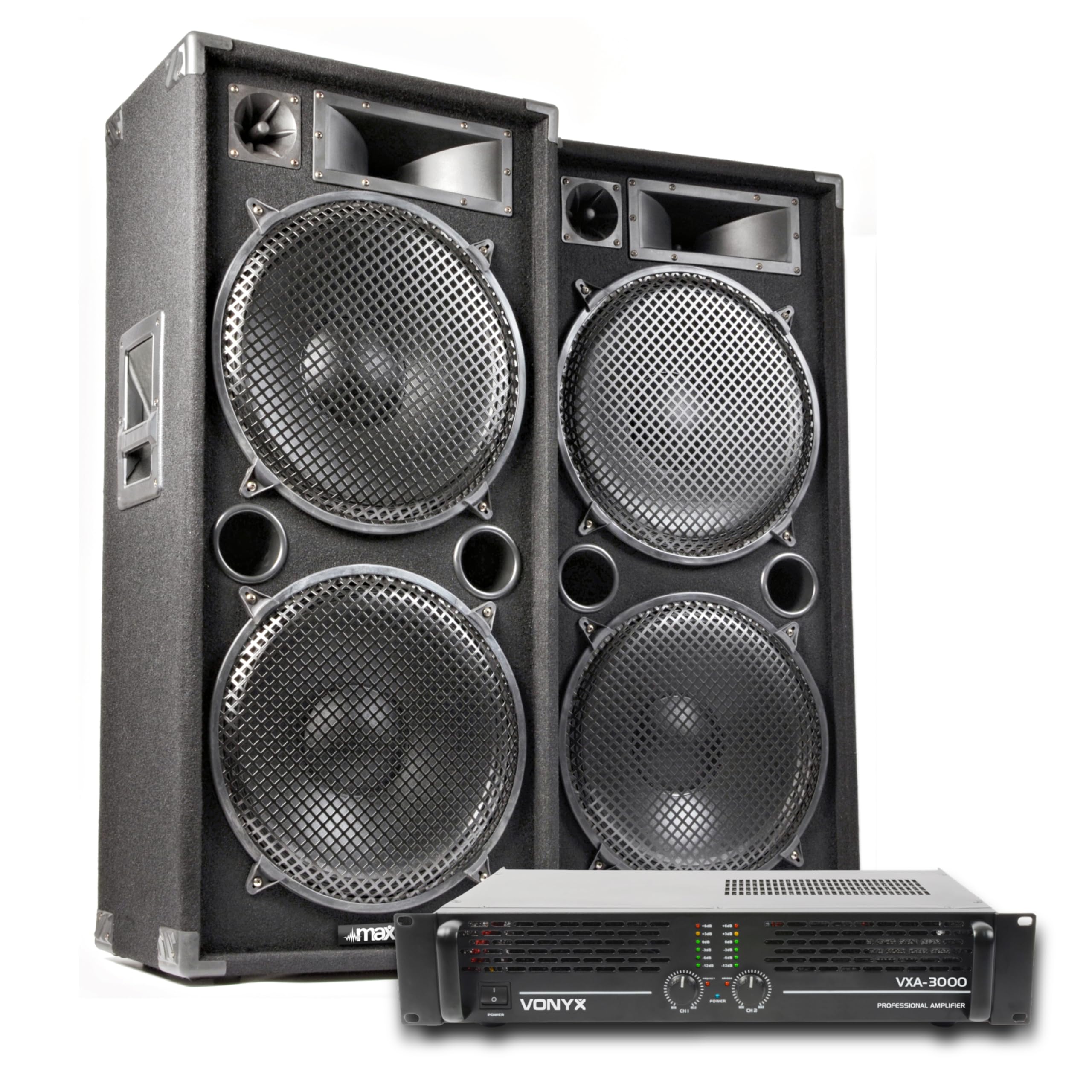 Skytec Dark Night 215 - Sistema de Sonido Completo 4000W con Doble Altavoz de 15", Amplificador Incluido, 3 vías, Graves potentes, Ideal para DJ, Fiestas y Eventos Grandes