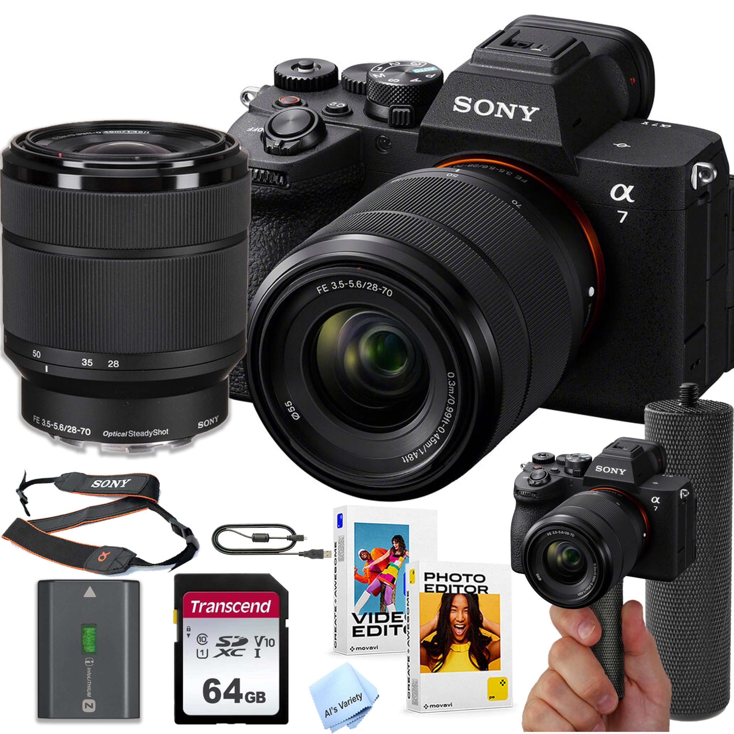 Sony A7 V Mirrorless Camera with 28-70mm Lens + 64GB Memory + Stabilizing Grip + Software Pack +More (Value Bundle) (Renewed)
