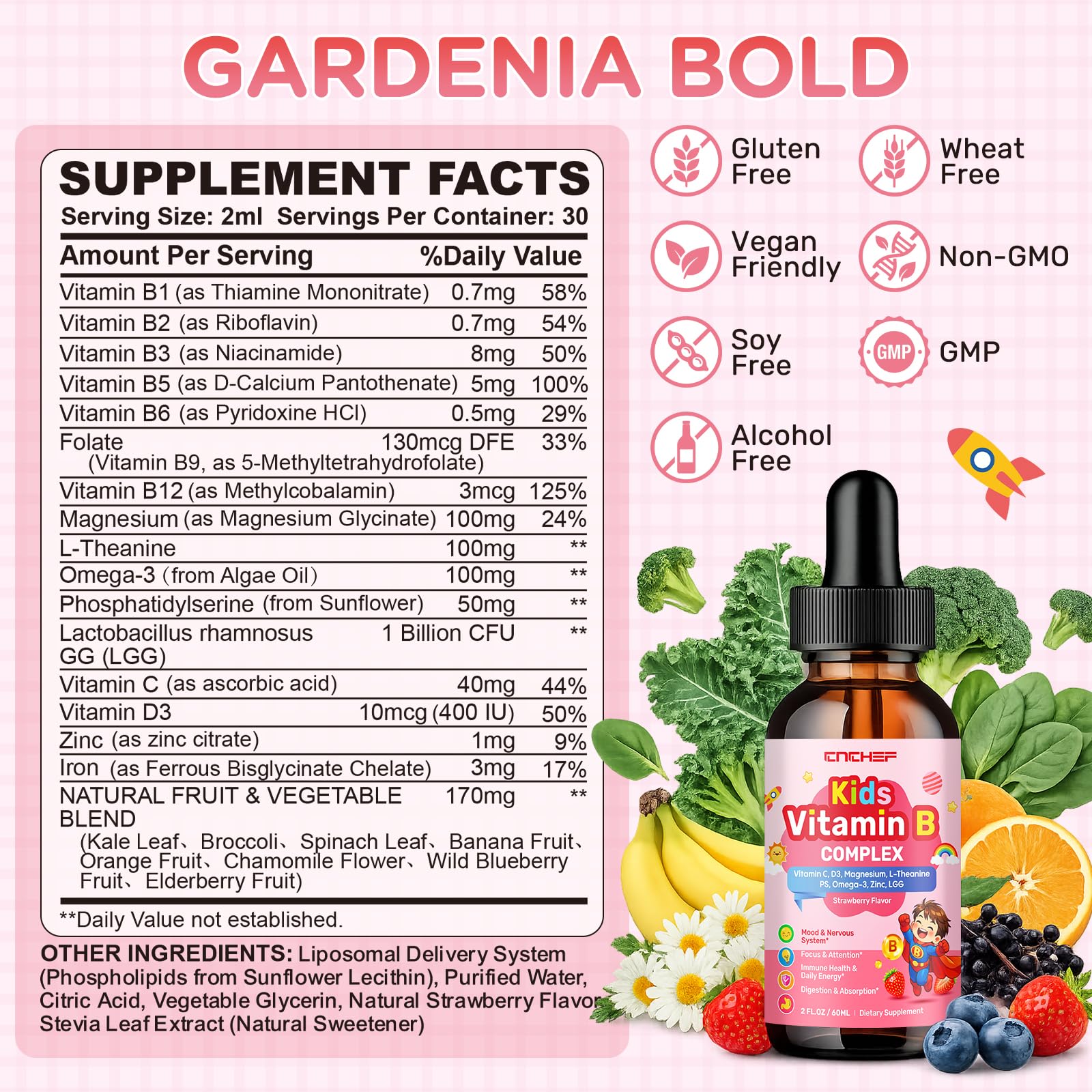 Vitamin B Complex for Kids, B1, B2, B3, B6, B9(Folate), B12, Omega-3 & Magnesium, Kids B Complex Liquid Supplement for Brain, Energy, Focus, Metabolism, Gut & Immune Support,Strawberry Flavor,2 fl oz — Amazon image 2