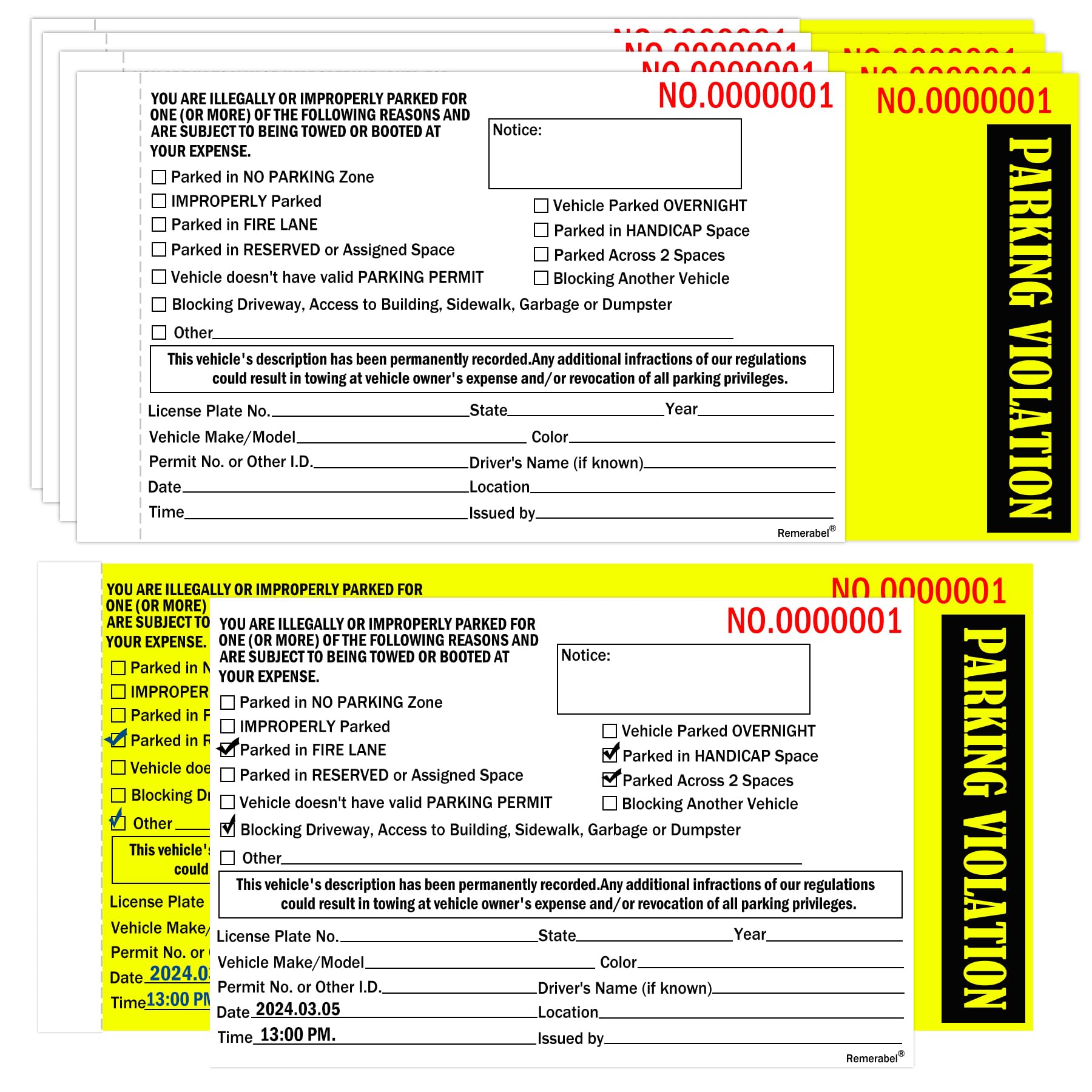 2 Part Parking Violation Ticket Carbonless Number Vehicle Illegally Parked Window Tag 8.5 x 4 inch Tow Warning Notice Parking Violation Ticket Pack of 50 (1)