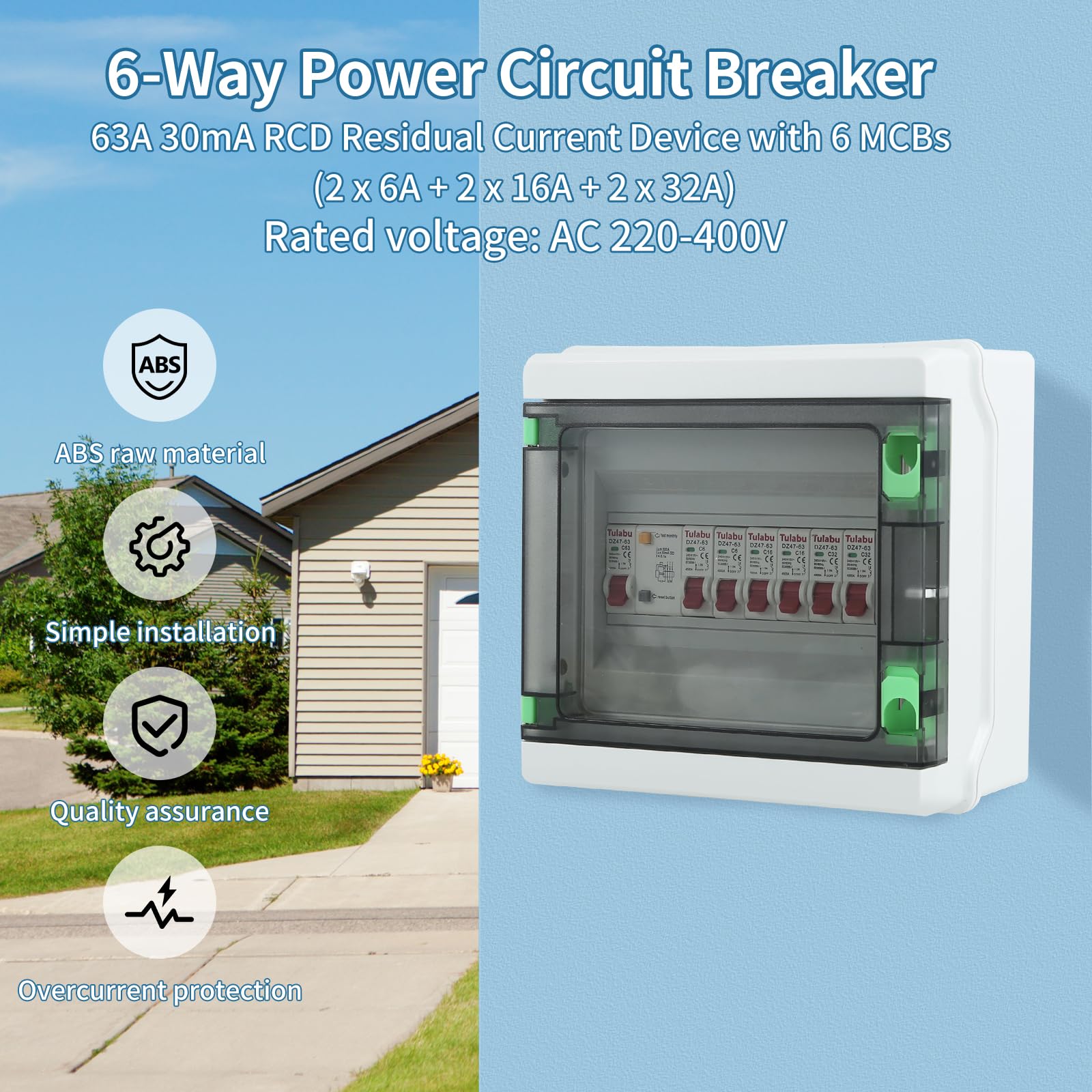 cupeohome 6 Way Consumer Unit Circuit Breaker IP65 Anti-Leakage Fuse Box, 63A 30mA RCD 6MCB 6A+6A+16A+16A+32A+32A - Image 2