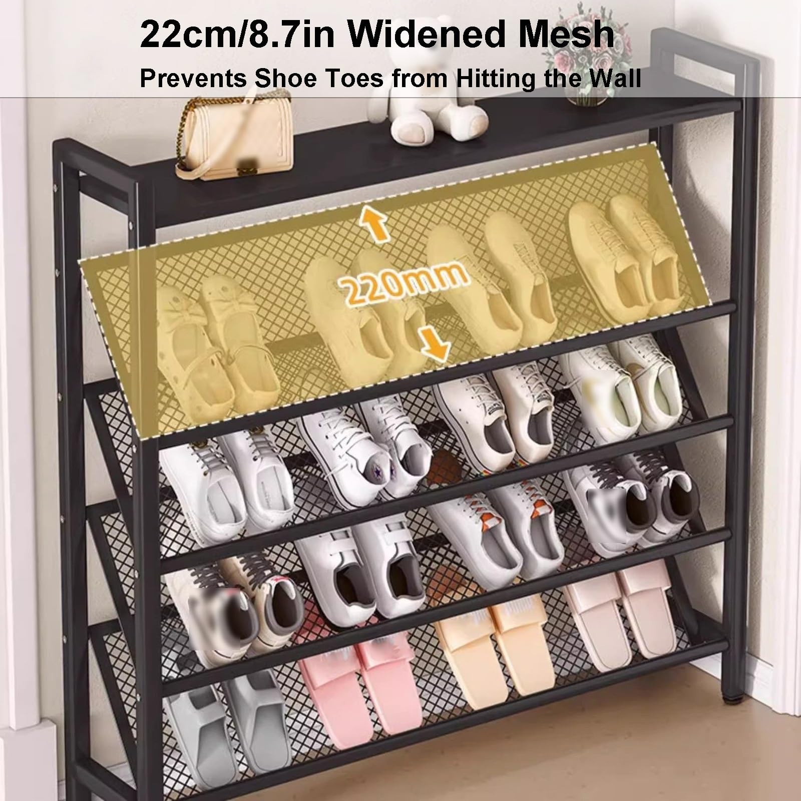 Zajmujący mało miejsca metalowy stojak na buty z nachylonymi półkami siatkowymi przy wejściu czarny (50 x 19 x 114 cm) – idealny do małych przestrzeni stylowe rozwiązanie do przechowywania