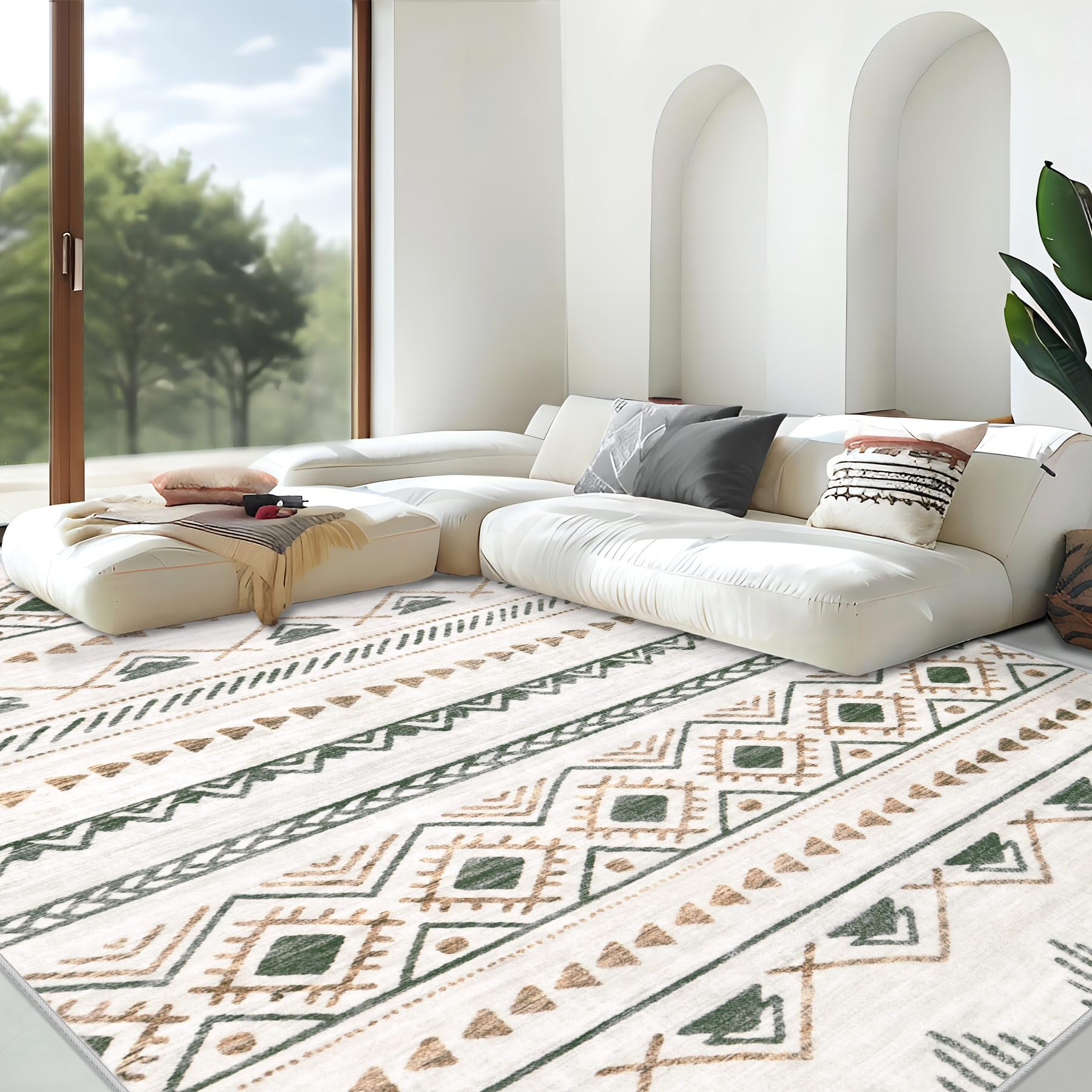 Area Rug Living Room Rugs 8x10 - Large Soft Boho Geometric Rugs, Non-Slip Foldable Washable Rugs Non Shedding Morden Indoor Floor Carpet for Living Room Bedroom Office Dining Room(Brown Green,8'x10')