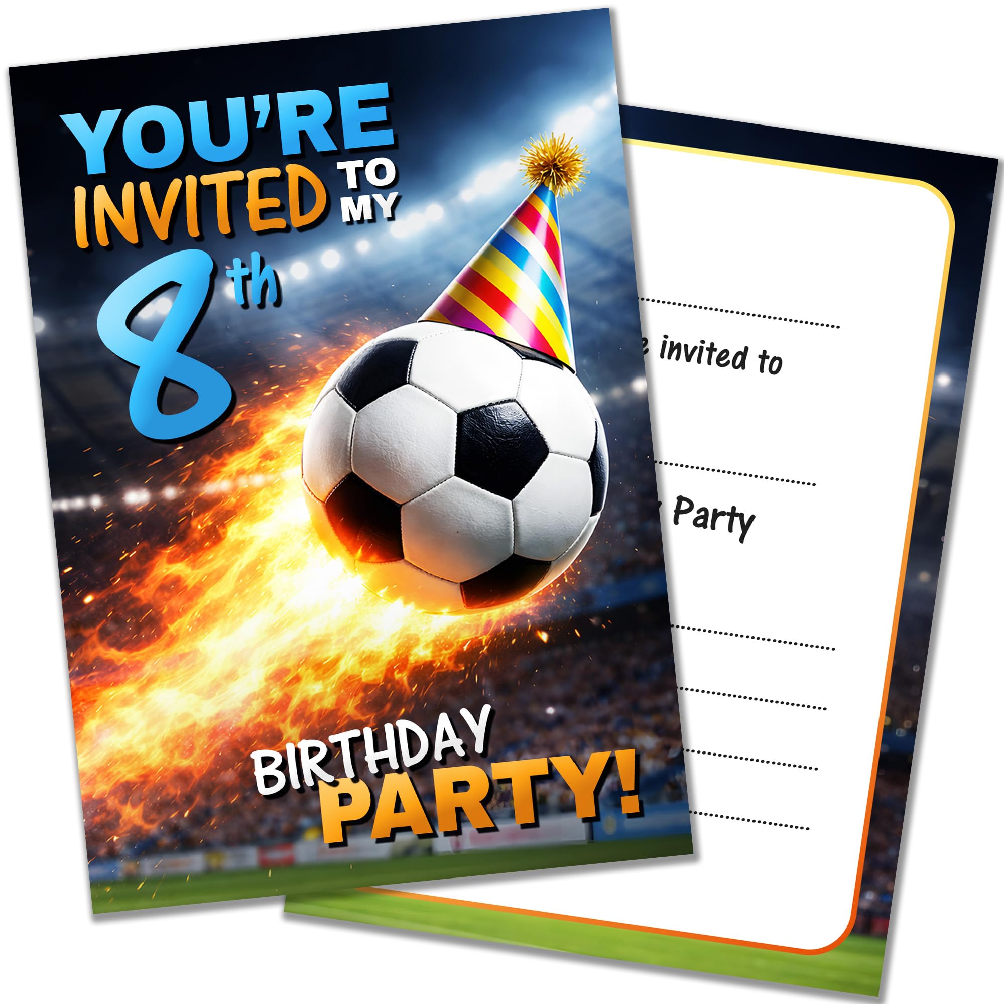 20 x 8th Birthday Party Football Invitations with Envelopes Flaming Football Design Double Sided Cards Designed and Printed in the UK