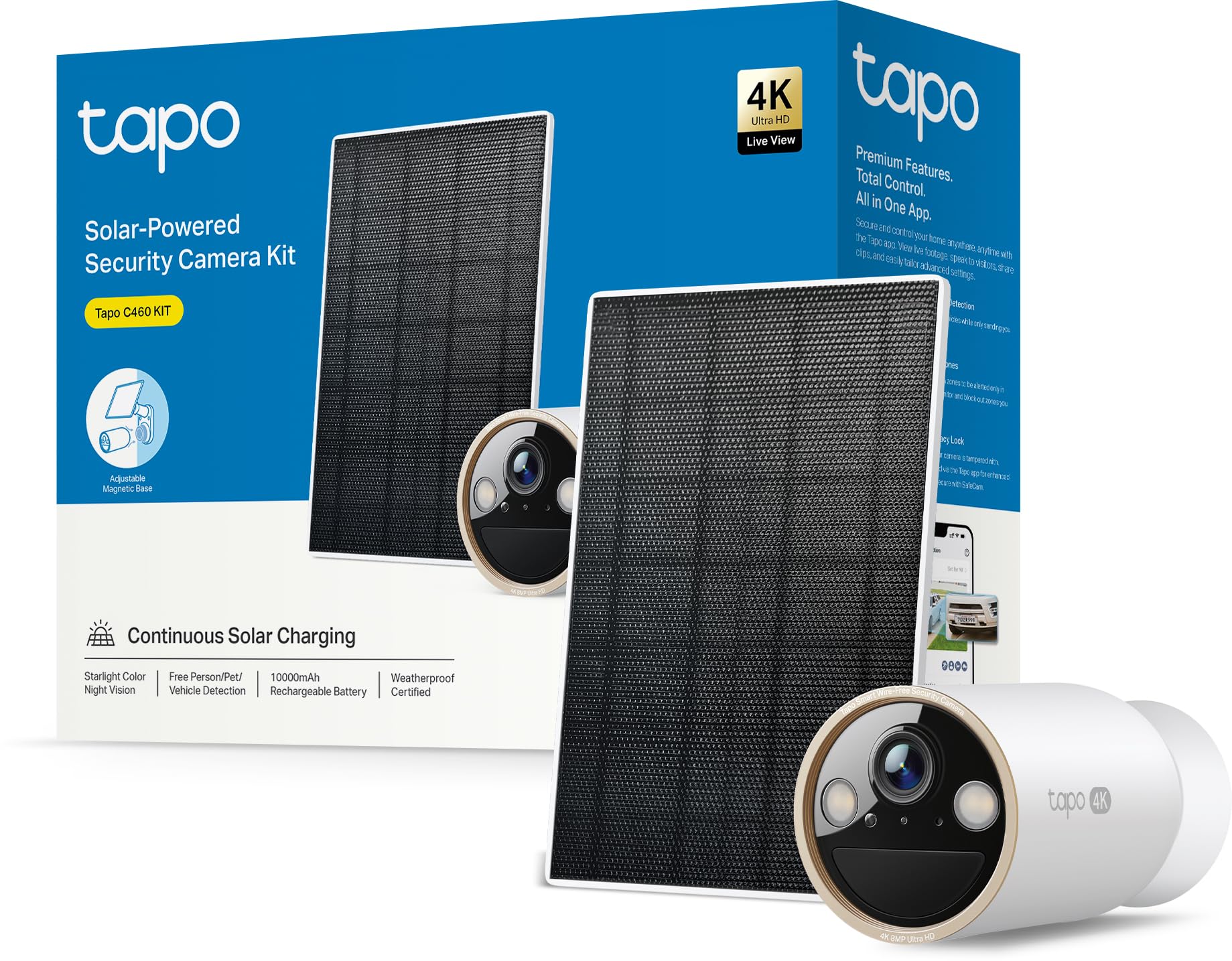 Tapo C460 KIT 4K 8MP Solar Überwachungskamera Aussen Akku, Starlight-Farb-Nachtsicht, Dual-Band WLAN, Magnetfuß, Verschlüsselte microSD-Aufzeichnung, KI-Erkennung, 10000-mAh-Akku