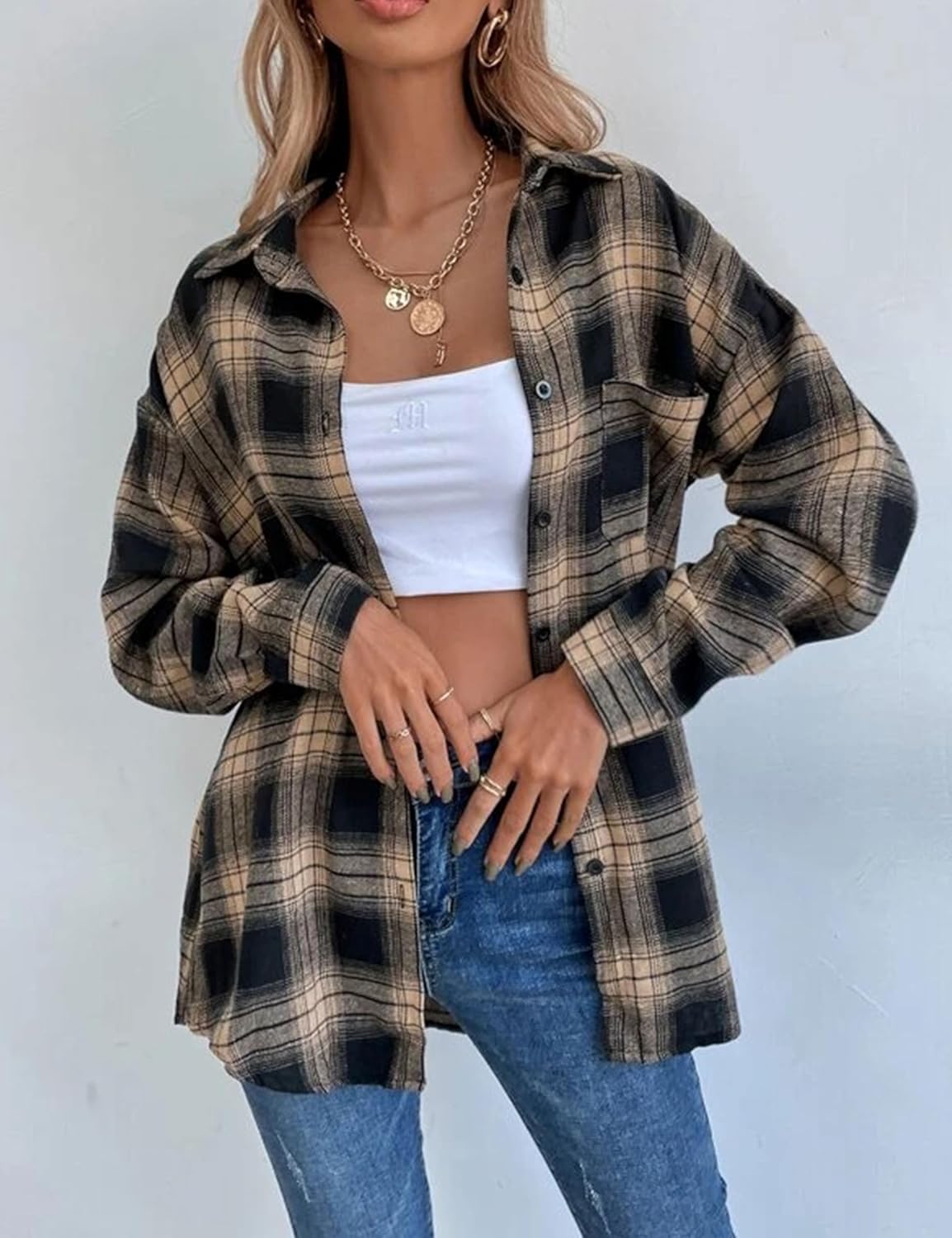Womens Fashion Flannel Buffalo Plaid Shirt Button Down Long Sleeve Casual Loose Collared Shirts Blouse Top - Image 5