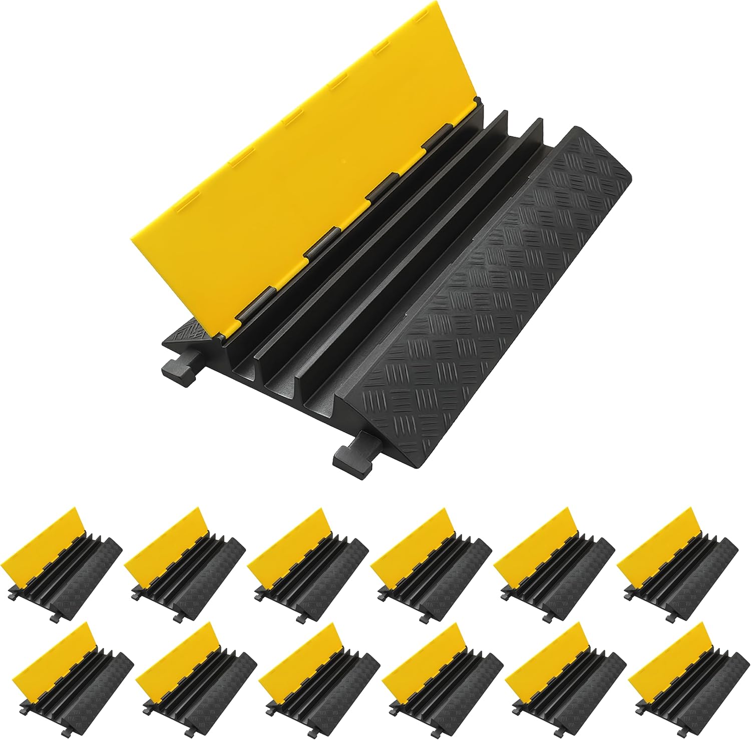 Electriduct Left Turn for Cable Protector 3 Channels 2" x 1.75" Traffic Hose and Wire Cover Rubber Black Base with Yellow Lid (45 Degree) 15,000 lbs/axle