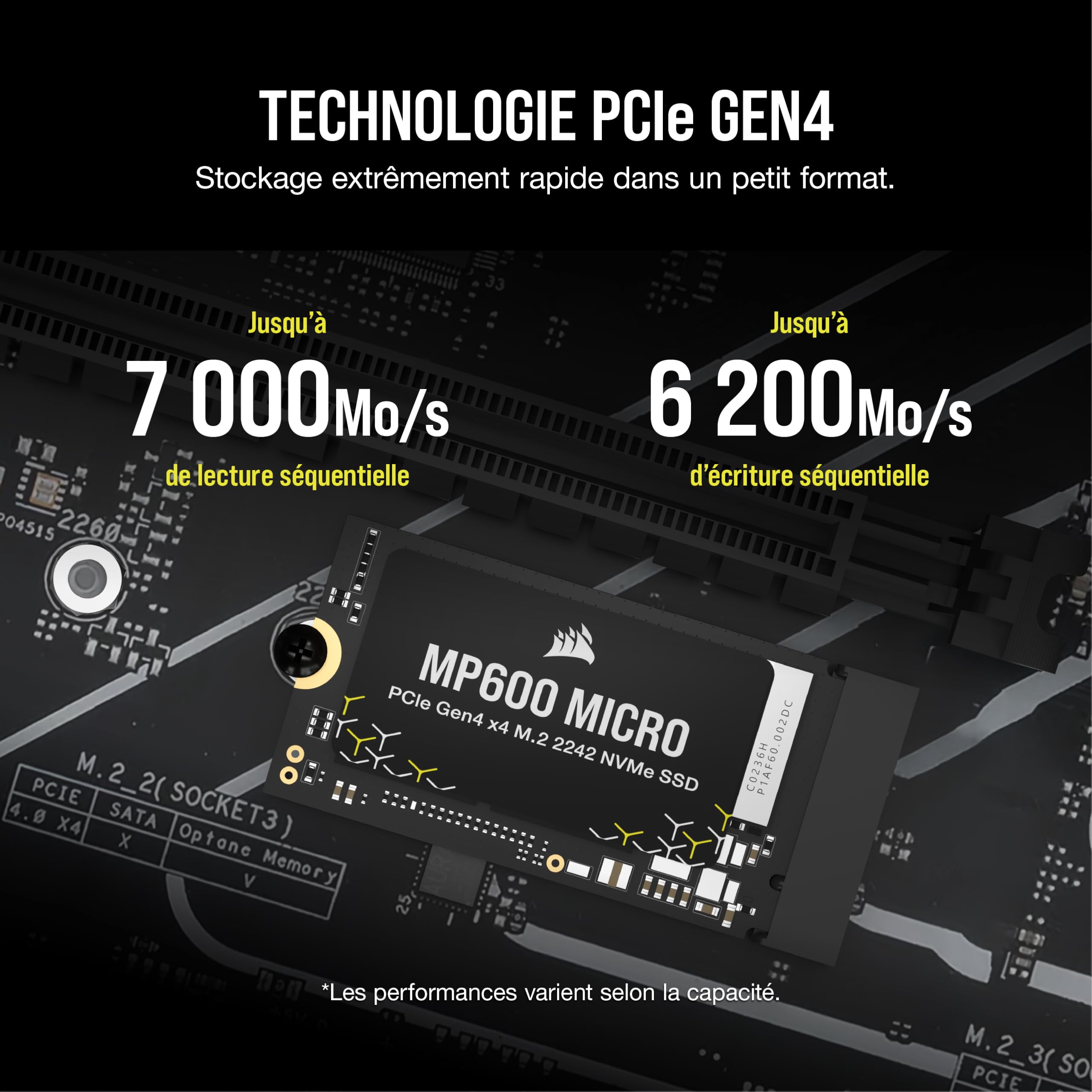 Corsair MP600 Micro 2 to M.2 NVMe PCIe x4 Gen4 SSD – M.2 2242 – Jusqu'à 7 000 Mo/s en Lecture Séquentielle – Compatible avec Les Ordinateurs Portables Lenovo Legion Go et Thin PCIe 4.0 – Noir
