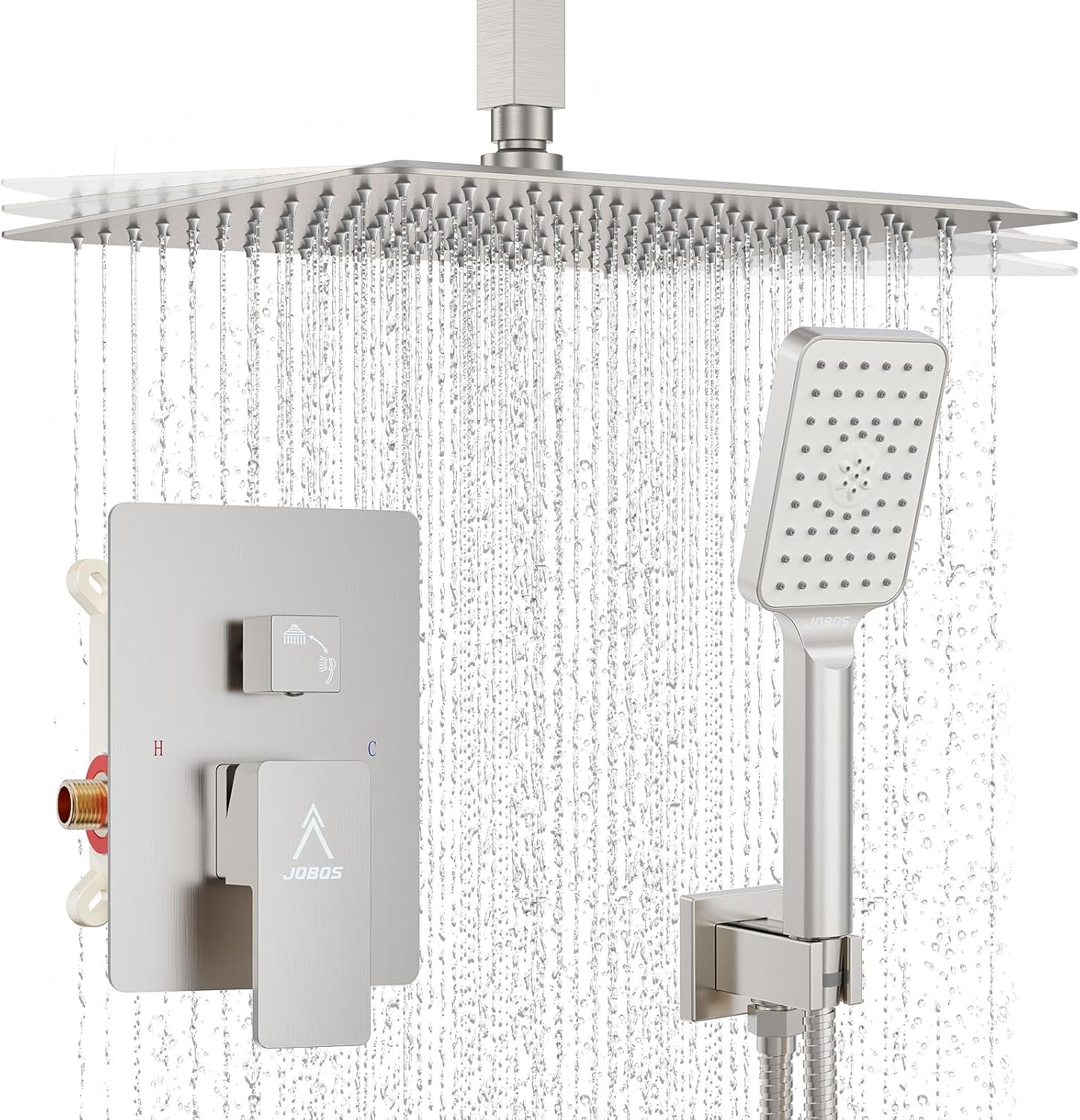 Rain Shower System 12IN Modern Brass Faucet Set With Valve and Diverter Shower Mixer With Handheld High Pressure Square Rainfall Shower Valve (12'' Ceiling Mount, Brushed Nickel)