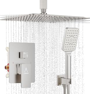 Rain Shower System 12IN Modern Brass Faucet Set With Valve and Diverter Shower Mixer With Handheld High Pressure Square Rainfall Shower Valve (12'' Ceiling Mount, Brushed Nickel)