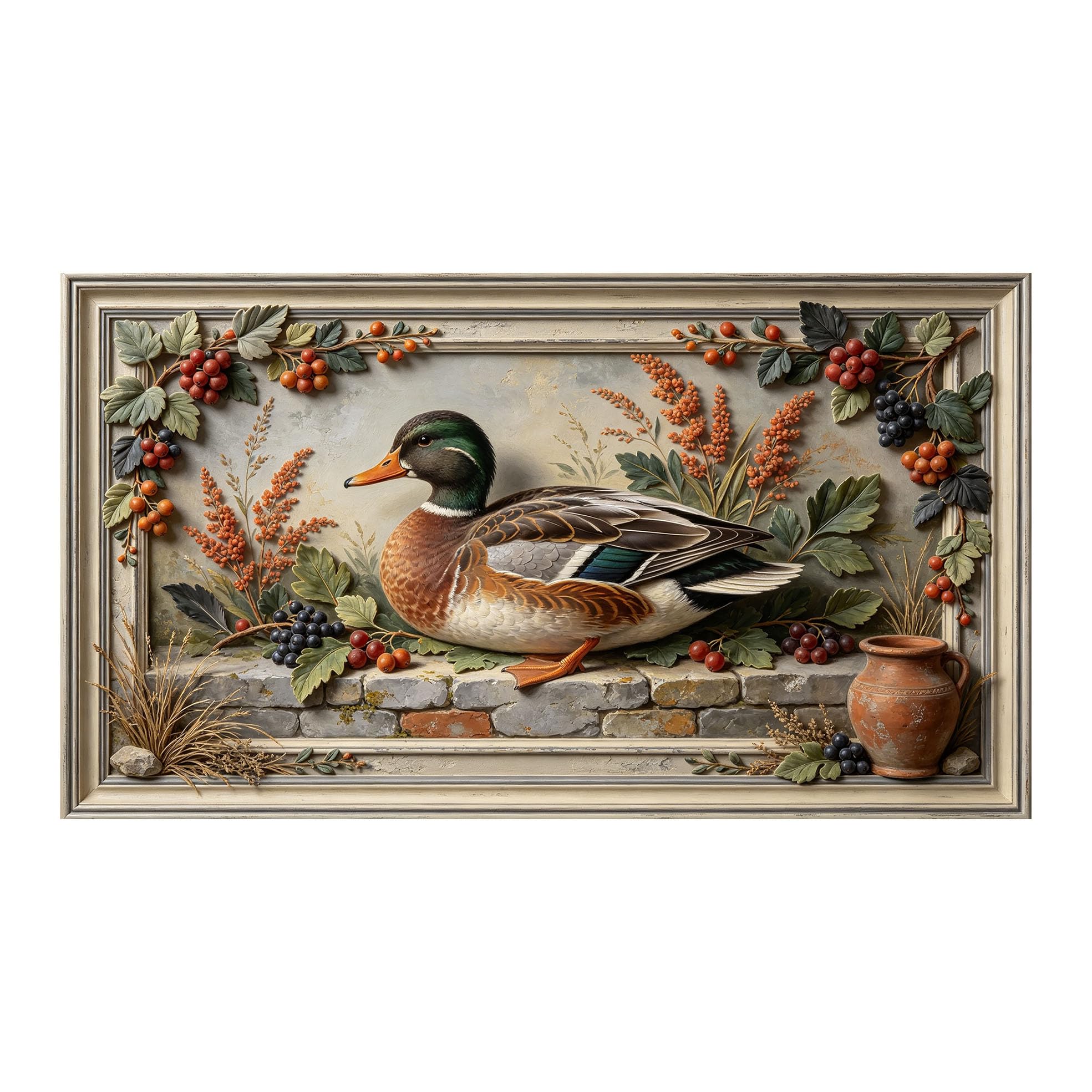 Yzpallescene 3D 3D Framed Wall Art 50cm×90cm Rustic Duck Still Life Botanical Oil Painting Large Size SelfAdhesive Removable Wall Decor Prints Artwork for Living Room Bedroom Office