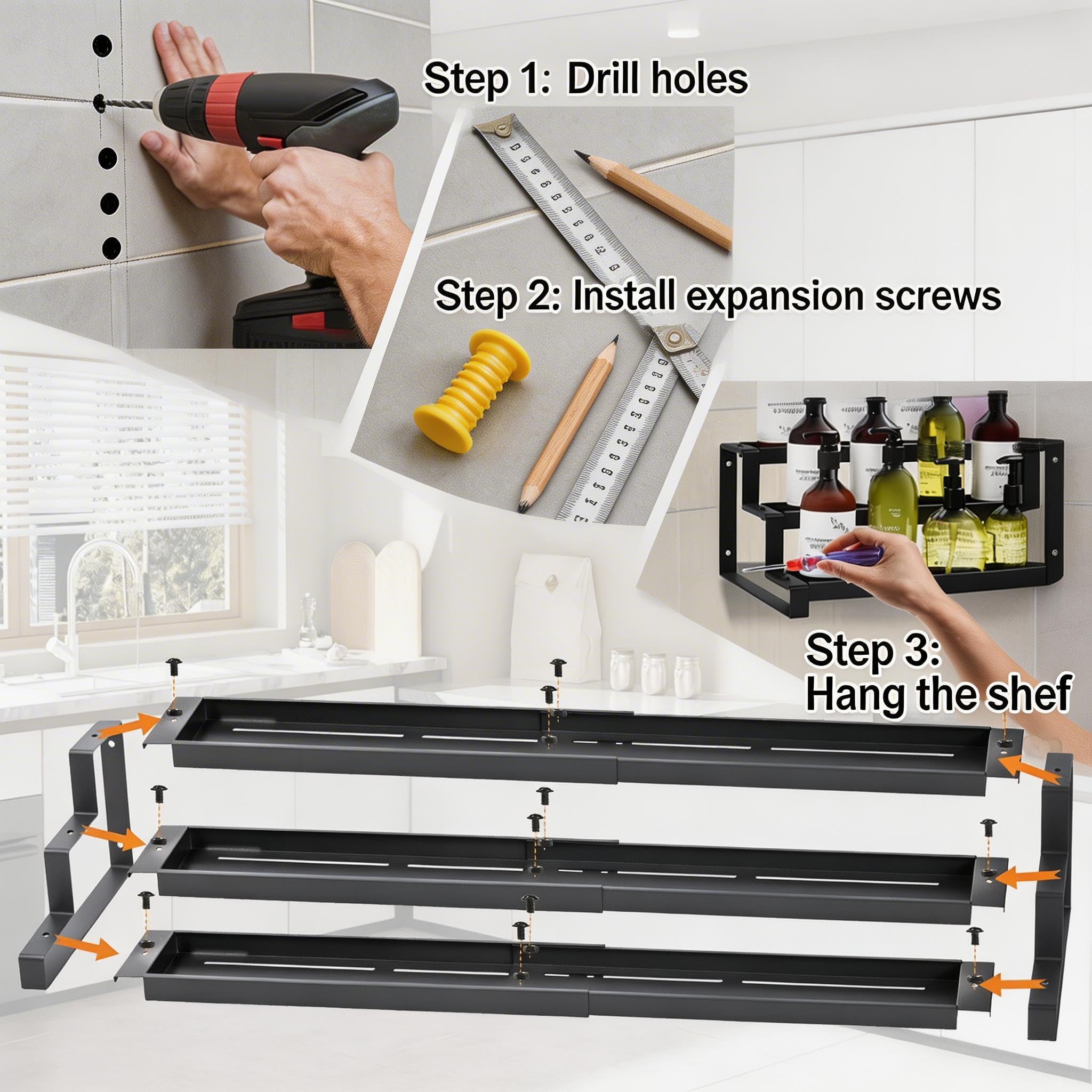 Erweiterbares Gewürzregal mit 3 Ebenen, 41–75 cm, verstellbares Gewürz-Organizer-Regal
