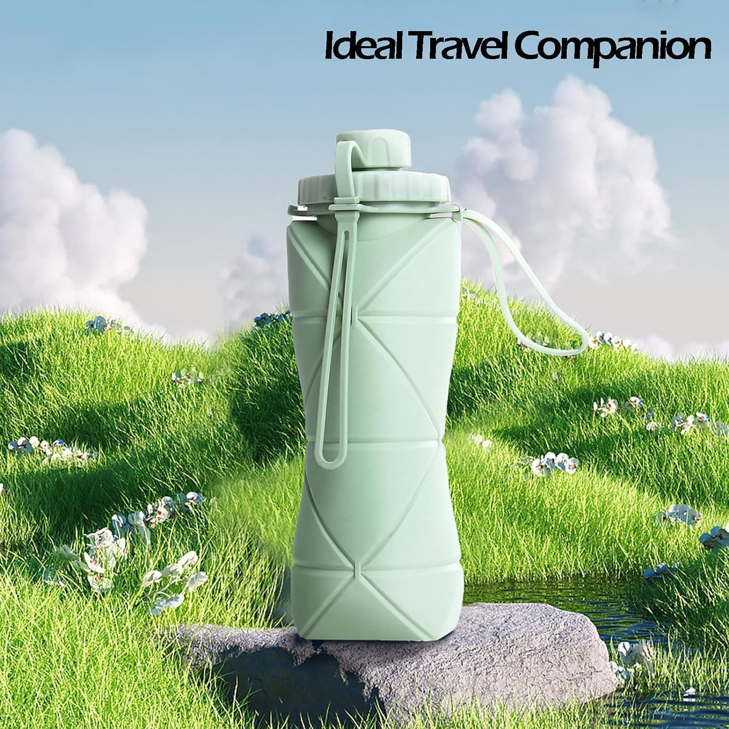 Folding Silicone Collapsible Water Bottles Portable Sports Bottle with Carabiner Clip Leak Proof, BPA Free Sippy Straw 600 ml