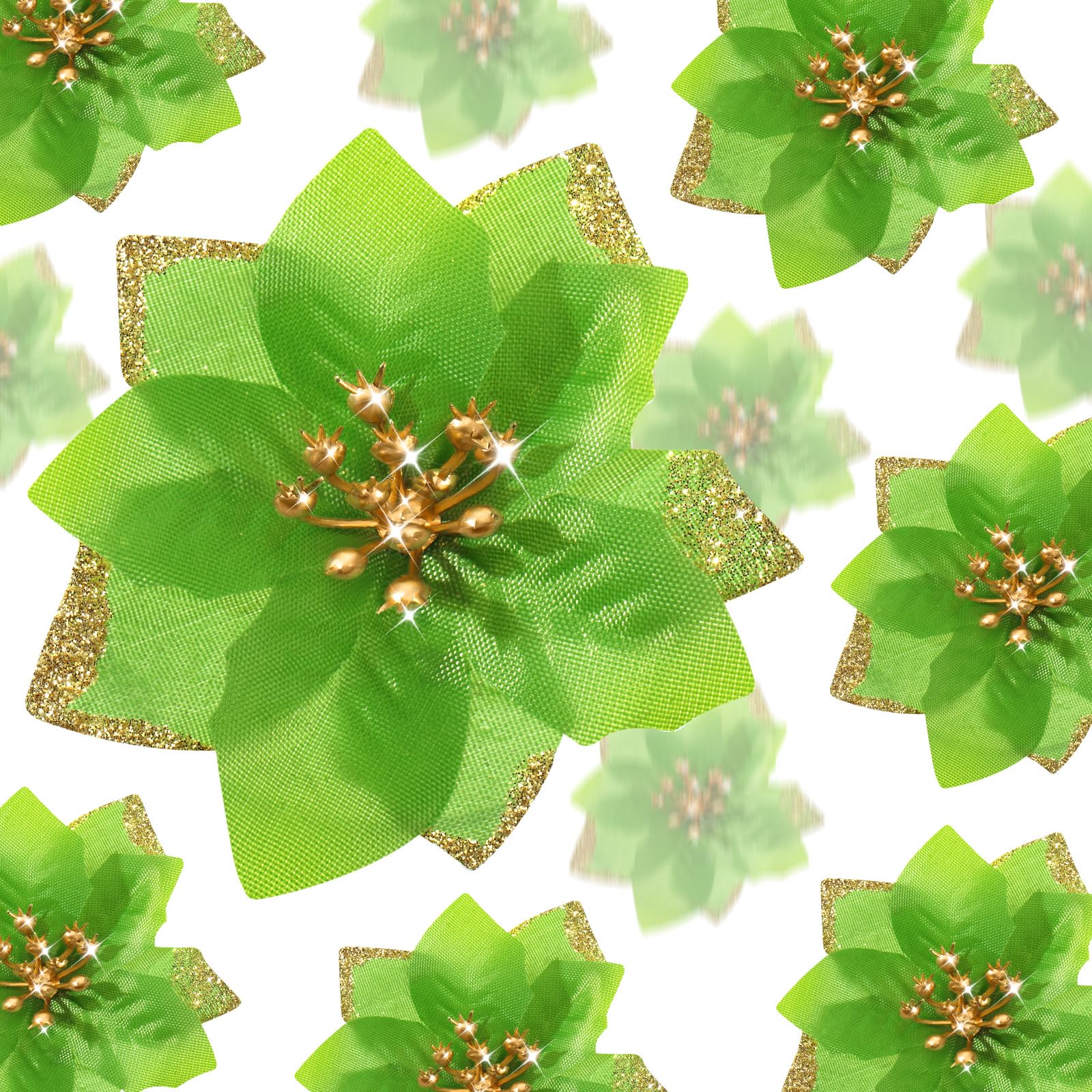 WILLBOND 24 Pieces 3 Size Christmas Glitter Poinsettia Flowers Wedding Faux Flowers Christmas Decoration Ornaments For Christmas tree New Year Home Outdoor Decoration (Green,3.2/4/6 Inches)