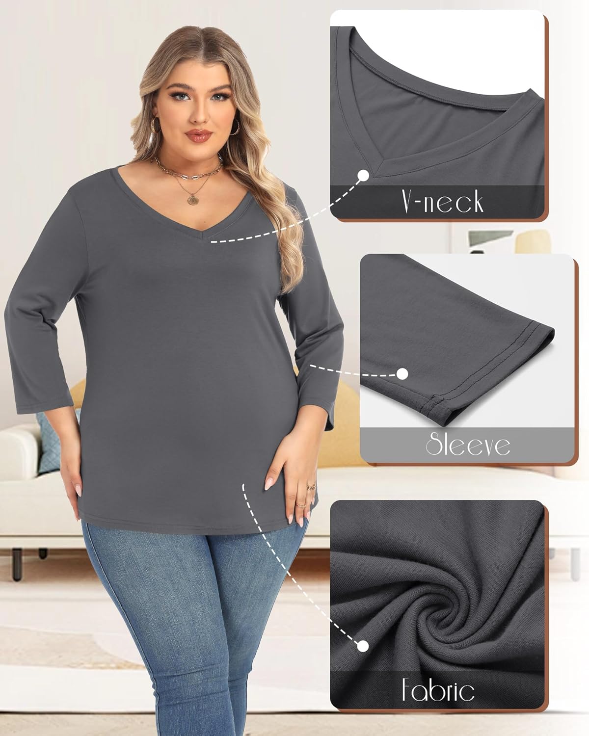 Ficerd 3 Pack Cotton Plus Size 3/4 Sleeve Tops for Women V Neck T-Shirts Casual Loose Fit Trendy Basic Tees Clothes - Image 5