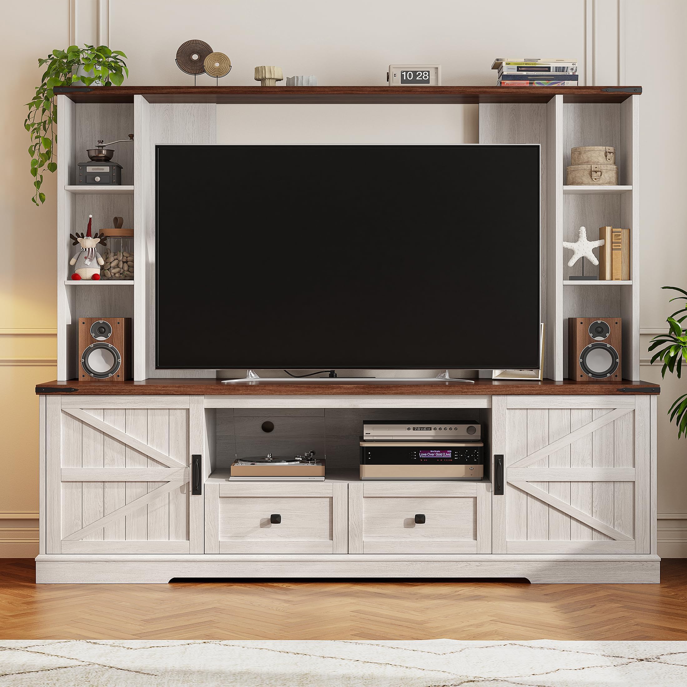 EnHomee Farmhouse Entertainment Center for 60 Inch TV with 2 LED Lights & Power Outlets, Tall TV Console Wood TV Stand with Storage Shelves for Living Room, Bedroom, White