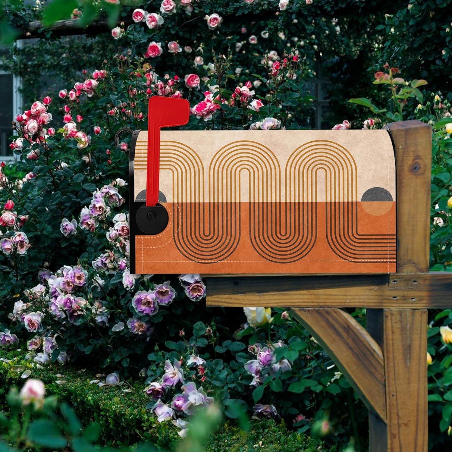 Baocicco Bohemian Style Magnetic Mailbox Cover Arch Geometric Line Mail Box Covers Mailbox Covers for Garden Vintage Orange Mail Box Wraps Standard Size 21x18 Inch Waterproof Letter Post Box Cover