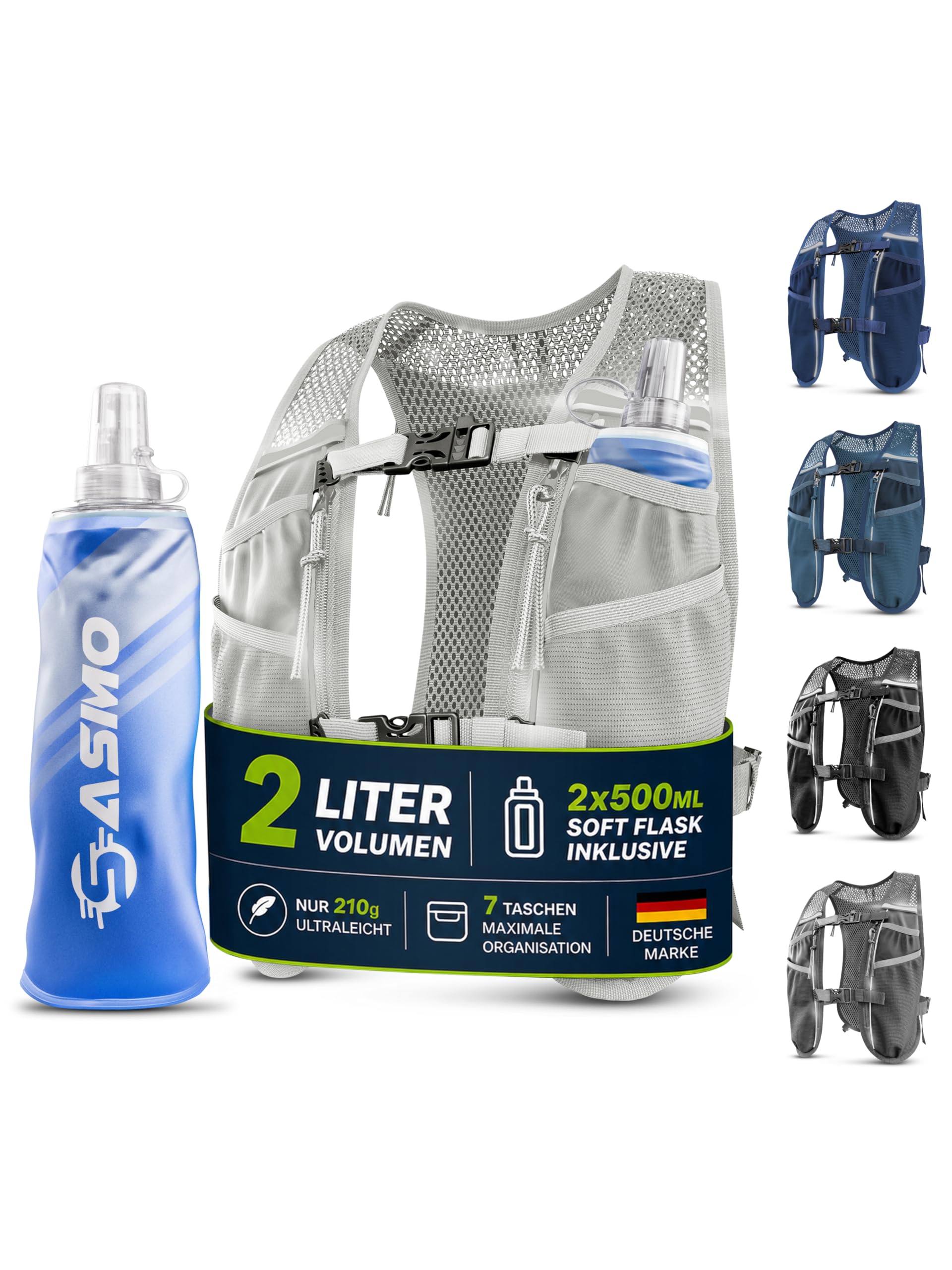 SASMO® Laufweste Damen & Herren 5L / 2L | Running Vest - Ultraleicht & atmungsaktiv| Laufrucksack Damen - 8 Taschen | Laufweste Herren | Trinkweste Laufen