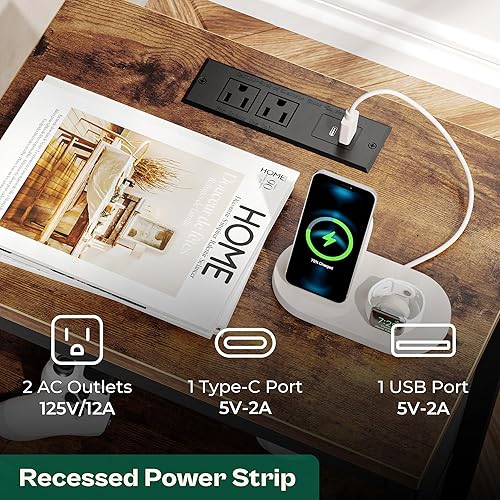 Miniatura 4 de Huuger Mesita de noche con estación de carga, mesita de noche de 27.6 pulgadas con cajones de tela, mesa auxiliar con puertos USB y tomas, mesita de