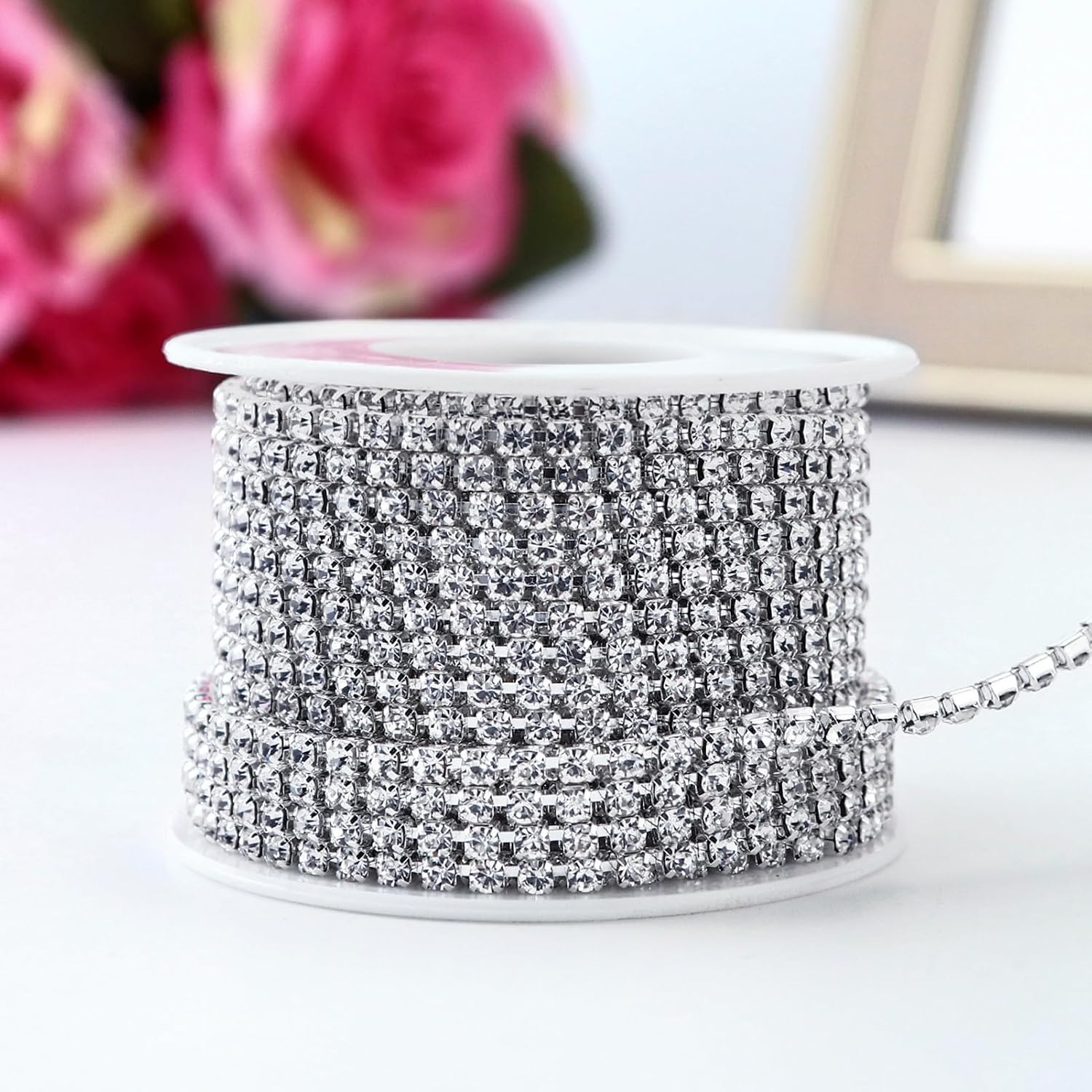 1 Roll 10 Yards Rhinestone Chain, 3mm Crystal Rhinestones Close Chain Roll, Sew on Crystal Rhinstone Chain Trim, Crystal Claw Cup Chain (Silver Base + Clear Rhinestones, SS12 / 3mm)