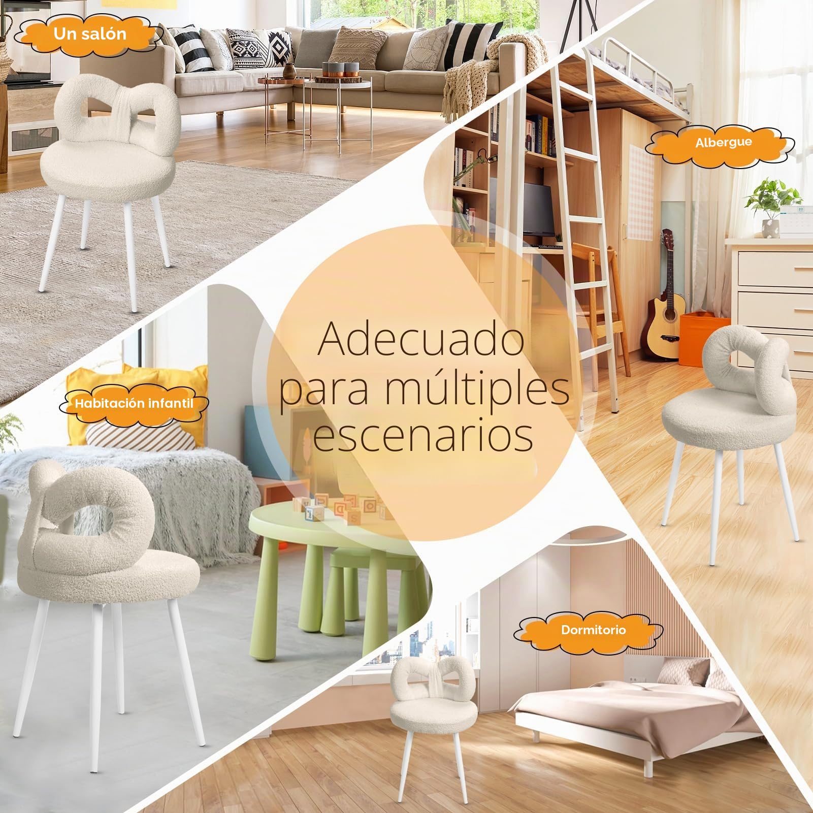 Taburete de tocador con respaldo de lazo, silla de escritorio para sala de estar, silla de maquillaje con almohadillas ajustables, sin brazos