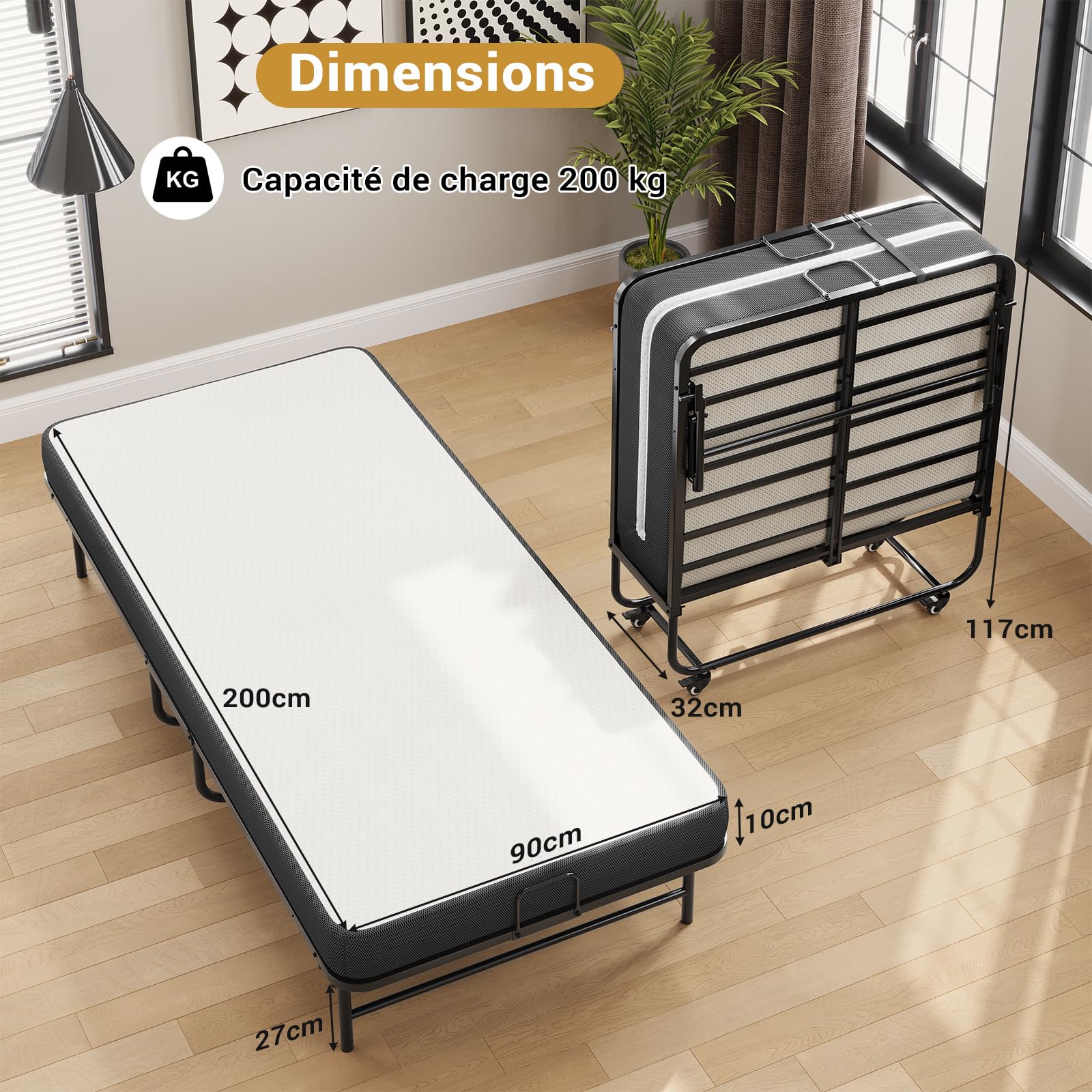Brinlawb Lit Pliant 1 Personne 90x200 cm avec Matelas, Lit Pliable Adulte avec Matelas en Mousse de 10 cm, Lit d'appoint 1 Personne avec Cadre de lit en métal et 4 roulettes, Charge 250 kg, Noir