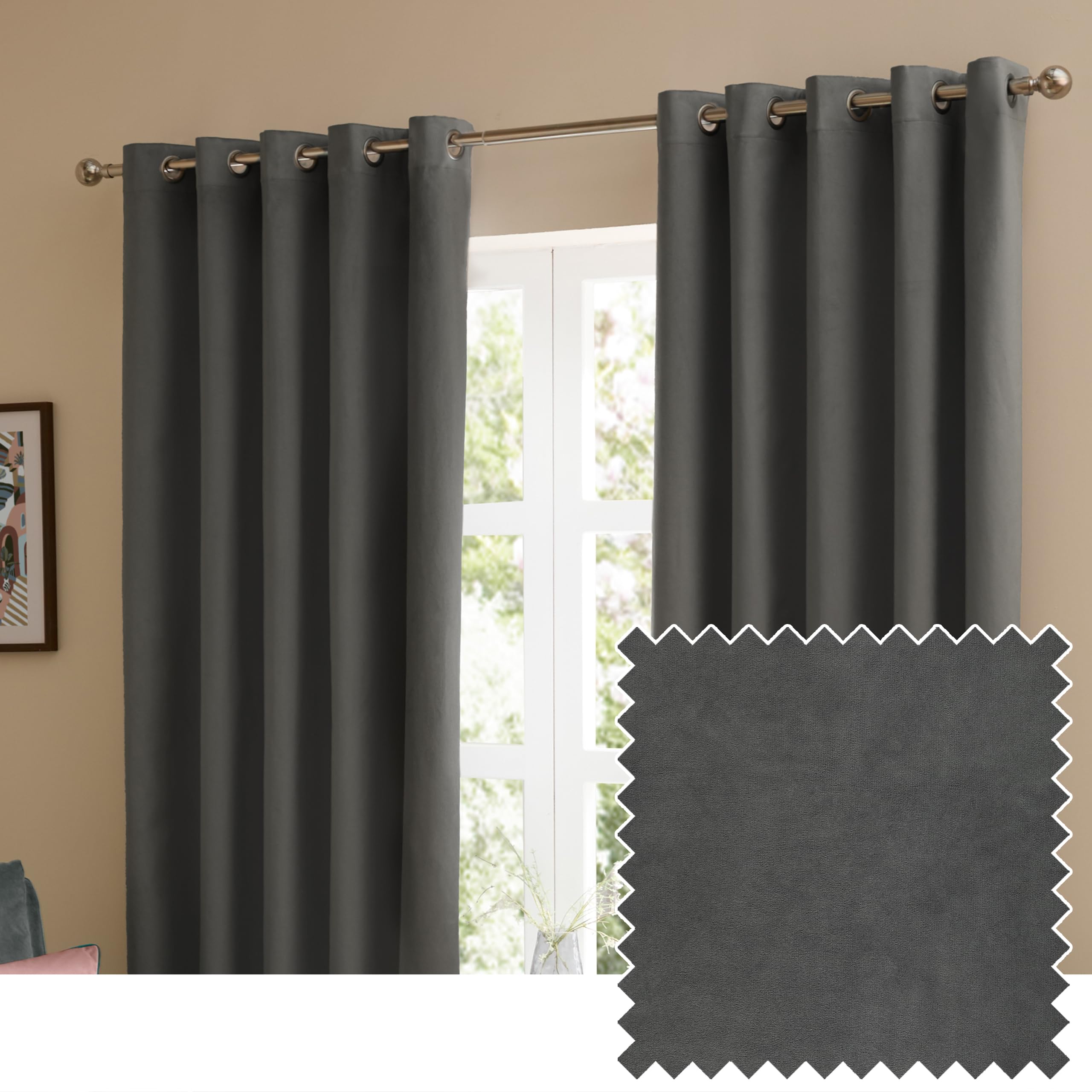furn. The Ultimate Velvet Blackout Eyelet Curtain Pair  Soft Stylish Light Blocking Thermal Matte Velvet Drapes (Charcoal - 229x183cm)
