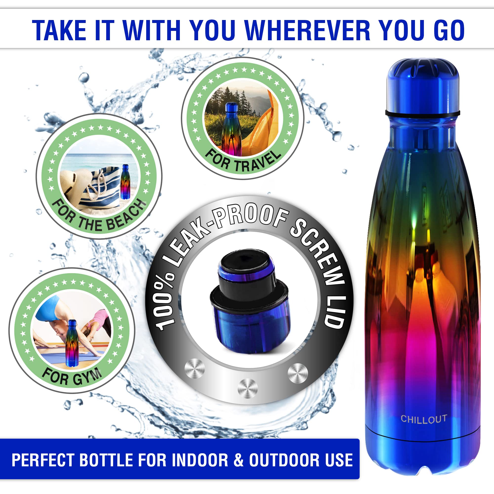 CHILLOUT LIFE Botella de agua de acero inoxidable: botella de agua de doble pared aislada de 17 onzas para bebidas frías y calientes, botella deportiva de metal sin BPA