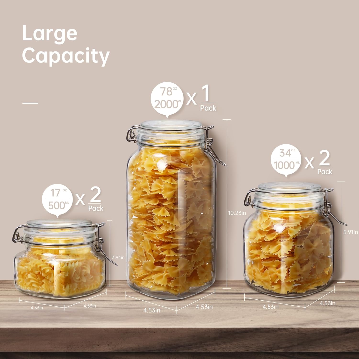 Multi Size - 5 Pack Square Glass Jars with Airtight Lid, Wide Mouth Mason Jars with Clamp Lids, Air Tight Glass Canisters, Best Food Storage Containers for Cereal, Pasta, Rice, Sugar, Coffee, Spice - Image 2