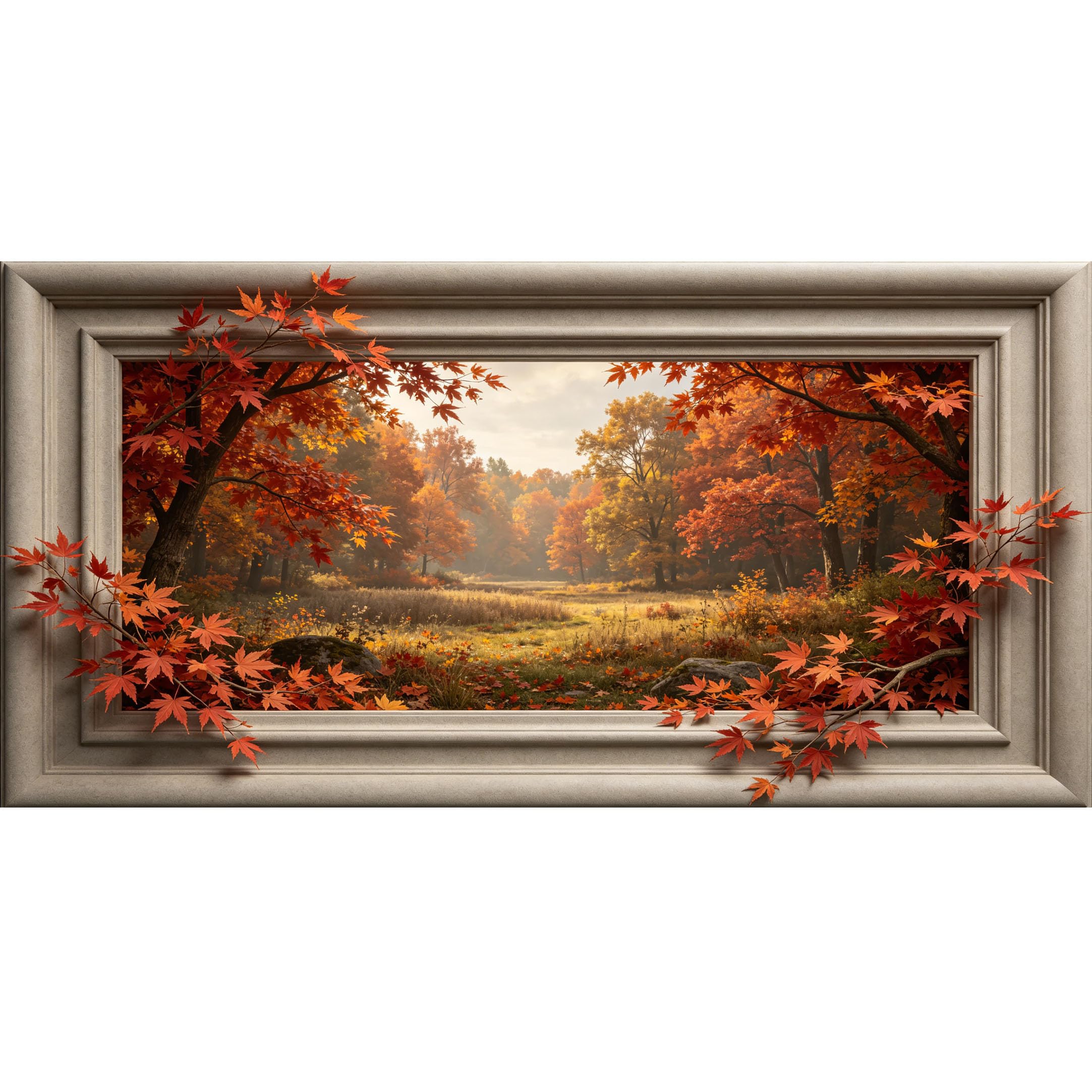 Agglomerix 3D Framed Wall Art Autumn Maple Leaves Forest Landscape Trompe l'oeil Large Size SelfAdhesive Removable Wall Decor Prints Artwork for Living Room Bedroom Office