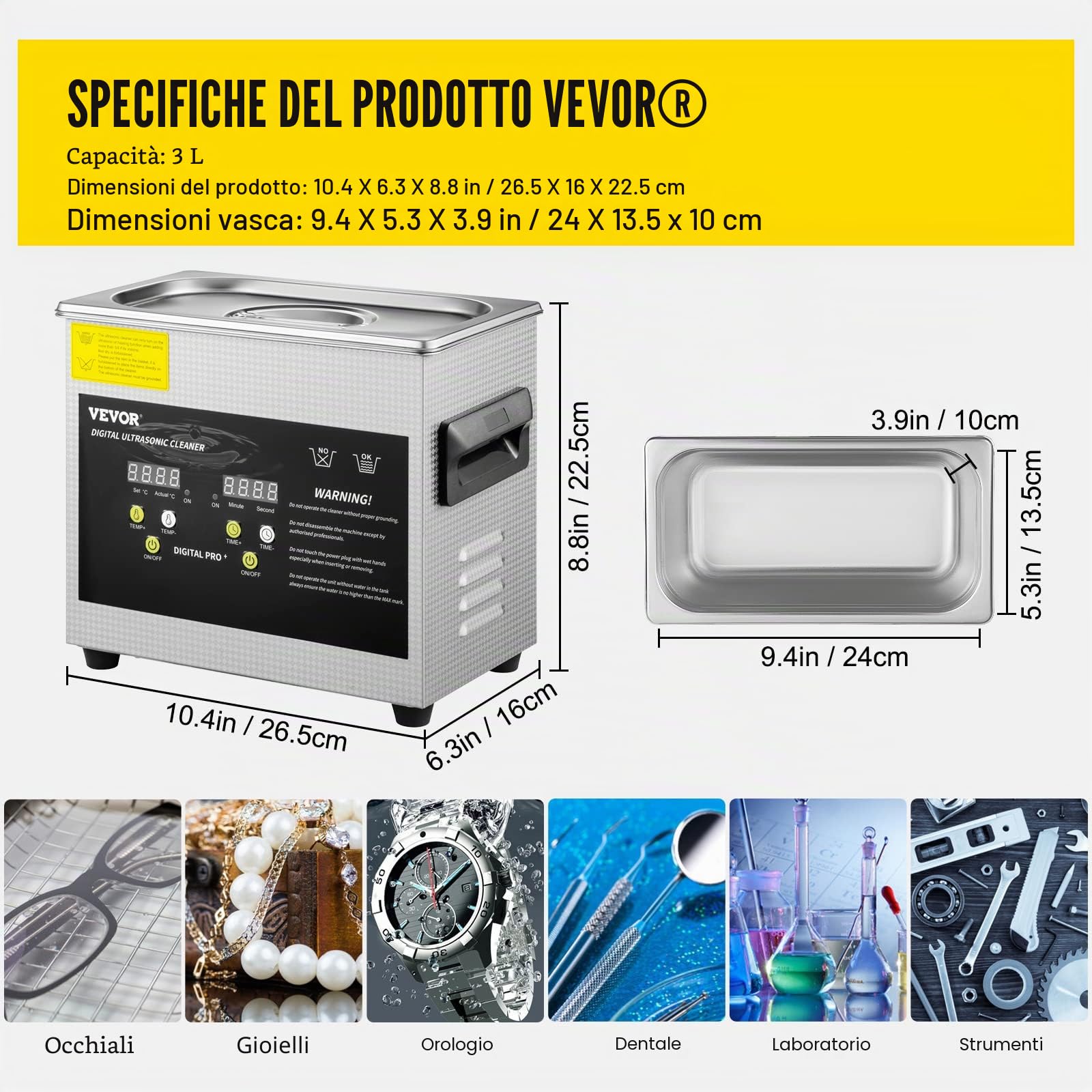 VEVOR Pulitore a Ultrasuoni 3 L Riscaldatore 200 W Ultrasuoni 120 W Digitale