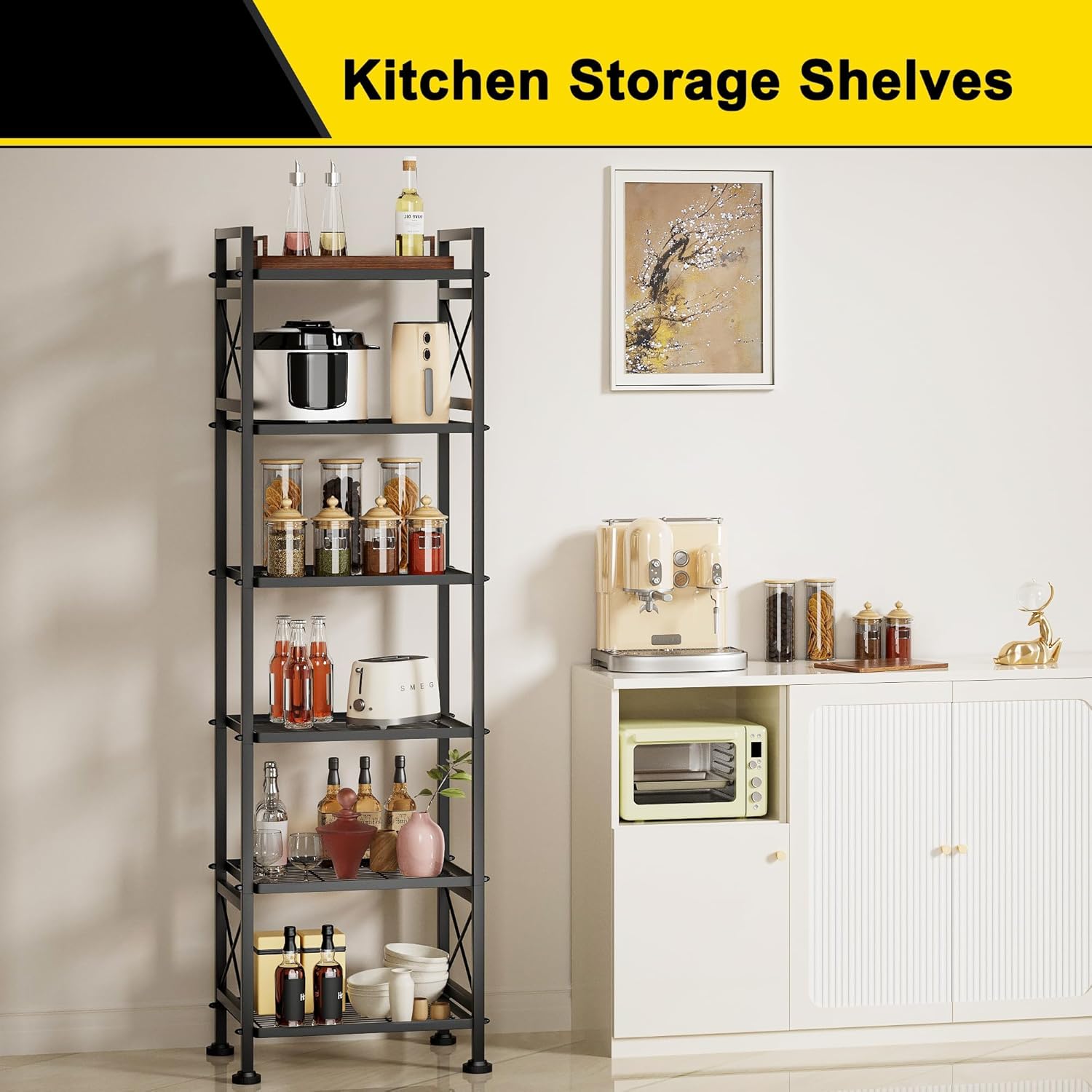 GIOTORENT Pantry Storage Shelves, 6-Tier Metal Storage Rack with X-Shaped Side Frame, Heavy-Duty Wire Shelf for Kitchen, Bathroom, Laundry Room, 120lb/Layer, Black Standing Shelves