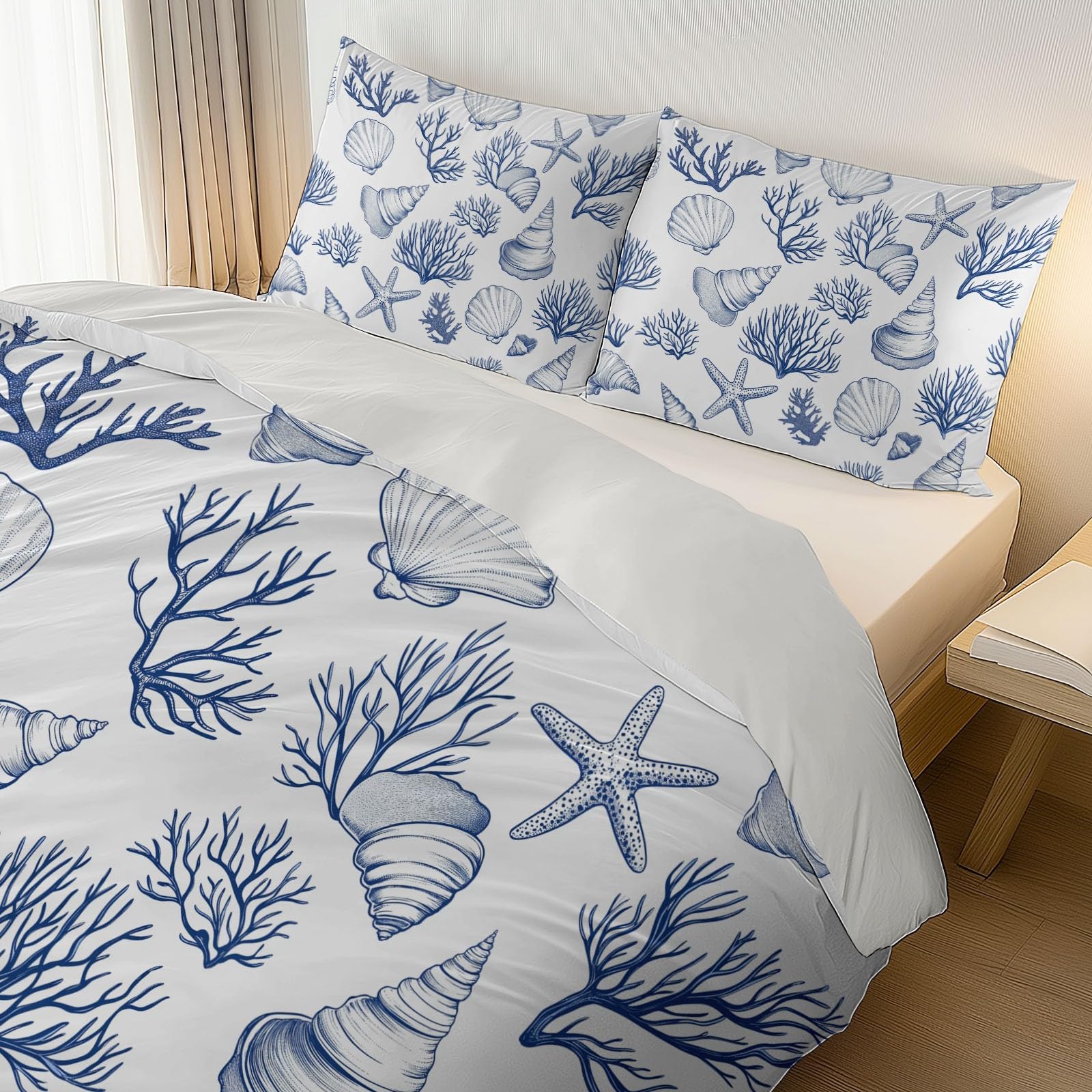 Zestaw poszewek na kołdrę ocean muszla świeży miękki nadruk zestaw pościeli szczotkowana mikrofibra poszewka na kołdrę z poszewkami na poduszki 260 x 220 cm prezenty dla mamy sypialnia dekoracja biały
