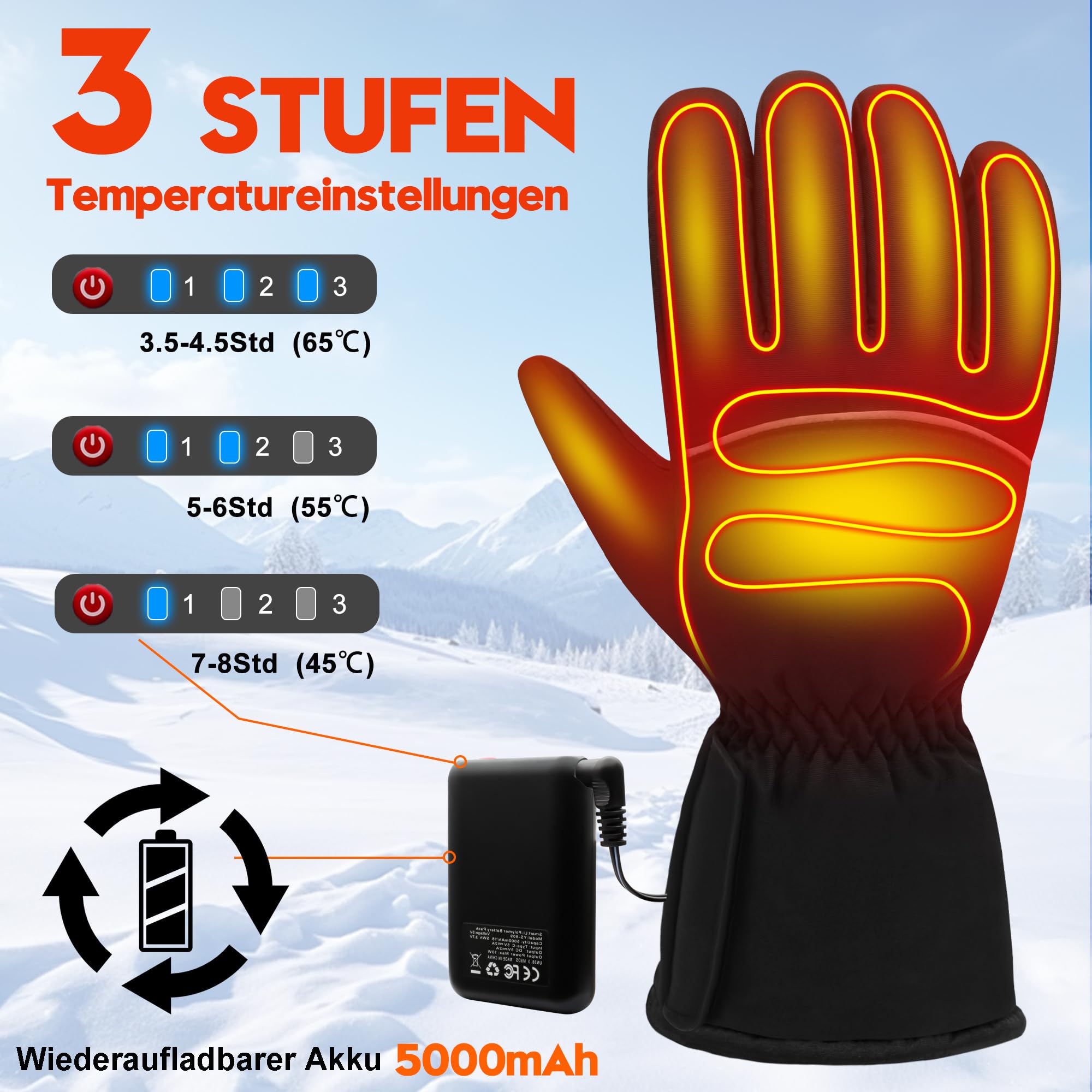 Svpro Guantes calefactables para hombre y mujer, batería recargable de 5000 mAh, guantes eléctricos calefactables, pantalla táctil, guantes térmicos de invierno con 3 niveles de calor