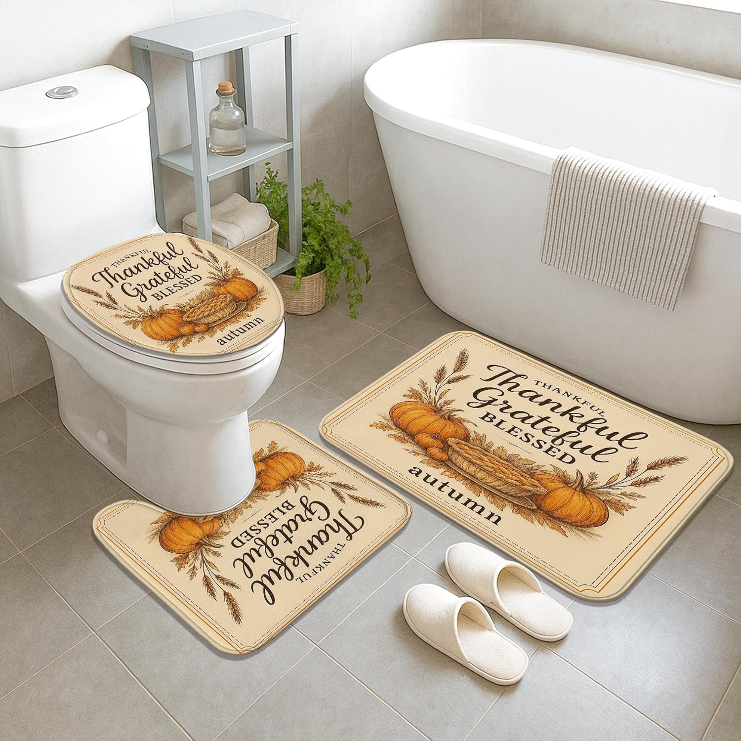 4Pcs Autumn Shower Curtain Set, Beige Pumpkin Harvest Bath Mat Rugs Accessories for Bathroom Decor, Fall Modern Waterproof Fabric Shower Curtain Set with Hooks 72x72 Inch