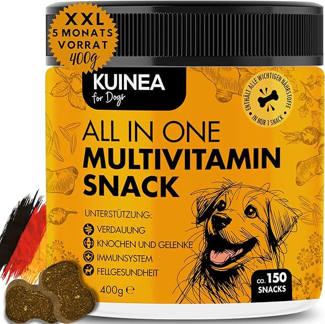 KUINEA® Hunde Vitamine als Leckerli | All-in-One Multivitamin für Hunde | 150 Snacks (400 g) | Immunsystem, Knochen, Verdauung, Fell | Nahrungsergänzung Hund | ca. 5-Monats-Vorrat (1er Pack) product image