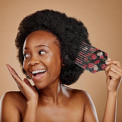 Miniatura 2 de VOCOSTE Peine afro de dientes anchos, herramienta de peinado para hombres, patrón de flores de plástico, 5.9 pulgadas