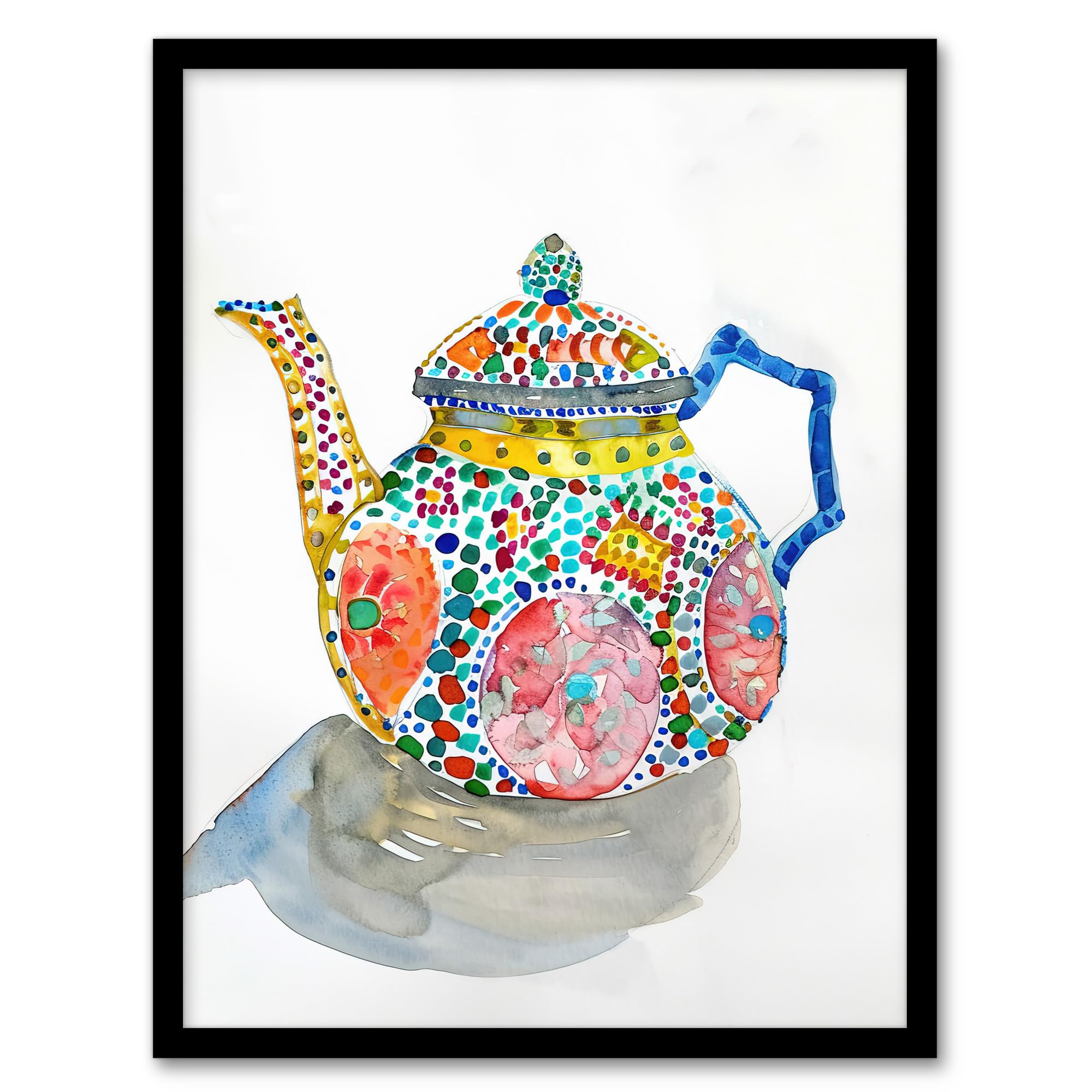 Artery8 Teapot Colourful Patterns Watercolour Folk Art Kitchen Artwork Framed Wall Art Print A4