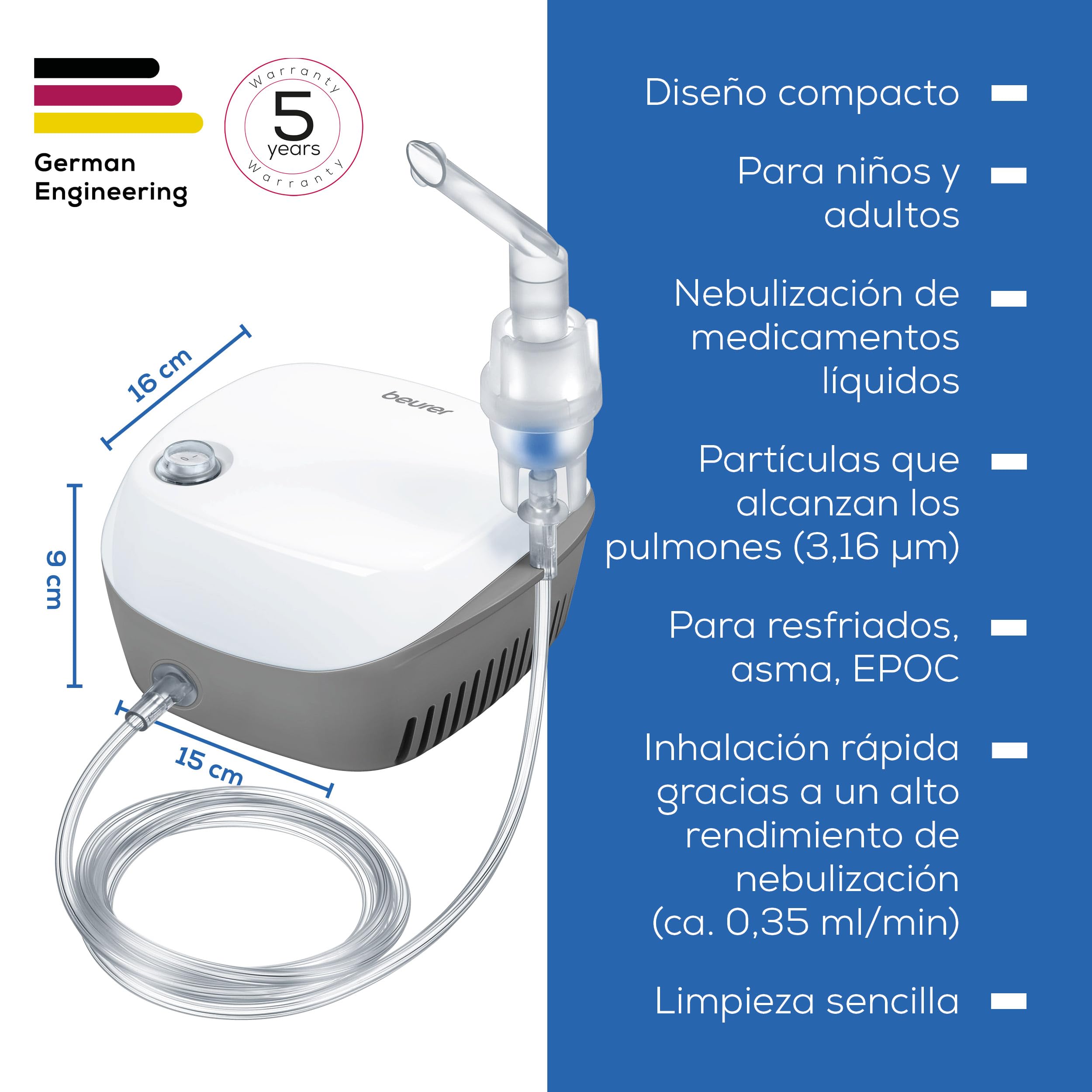 Beurer IH 18 Nebulizador para resfriados y enfermedades respiratorias, asma, EPOC, adultos y niños, compacto blanco