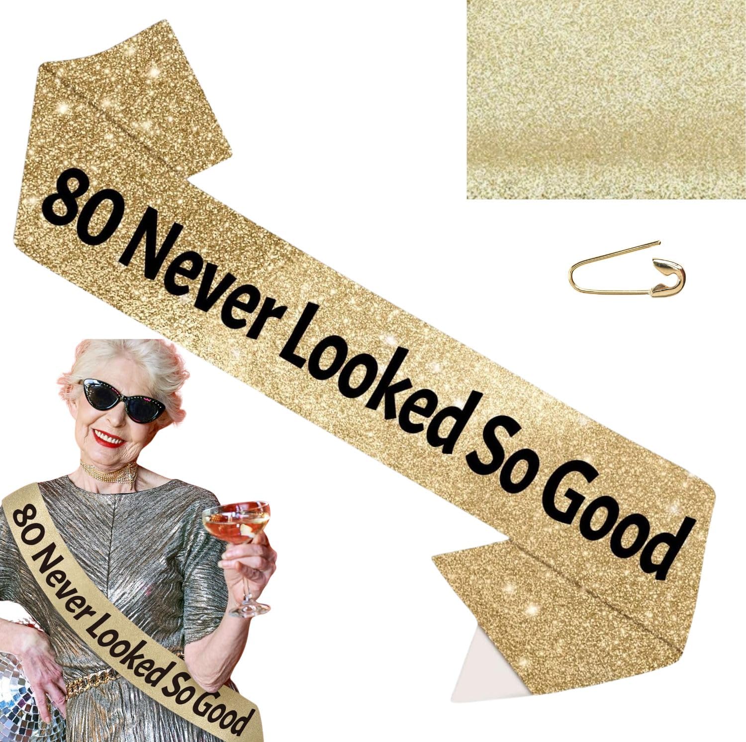 80 Never Looked so Good Birthday Sash, 80th Birthday Gifts, 80th Birthday sash, 80th Birthday Party Supplies, 80th Gold Glitter Birthday Sash for 80 Birthday sash (Gold)