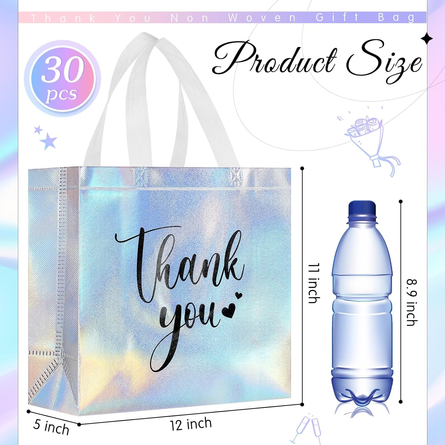 sweetude 30 pcs thank you gift bags with handles bulk reusable goodie bag non woven foldable handbag for christmas wedding bridesmaid gifts(11 x 12 x 5 inch,laser) laser 11 x 12 x 5 inch