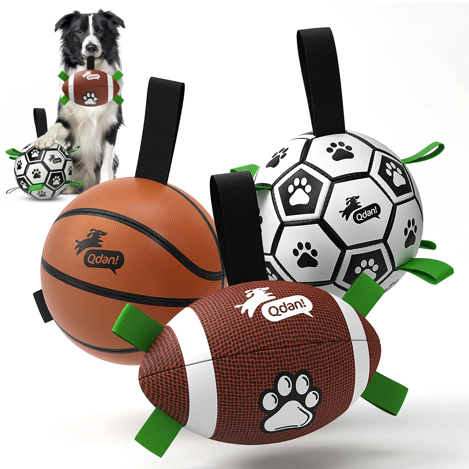 QDAN Dog Soccer Ball Football Basketball Set - 3 PCS Dog Balls with Strap for Tug of War, Soccer Ball Football Toys for Small Medium Large Dogs, Herding Ball for Dogs, Dog Birthday Toy