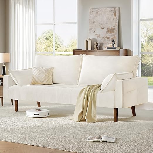 DWVO 68" Loveseat Sofa, Velvet Fabric Sofa Couch for Small Space, Modern Loveseat with Button Tufted Seat and Side Storage Pockect, 3 Seater Couch for Living Room Bedroom, 2 Pillows Included, Beige