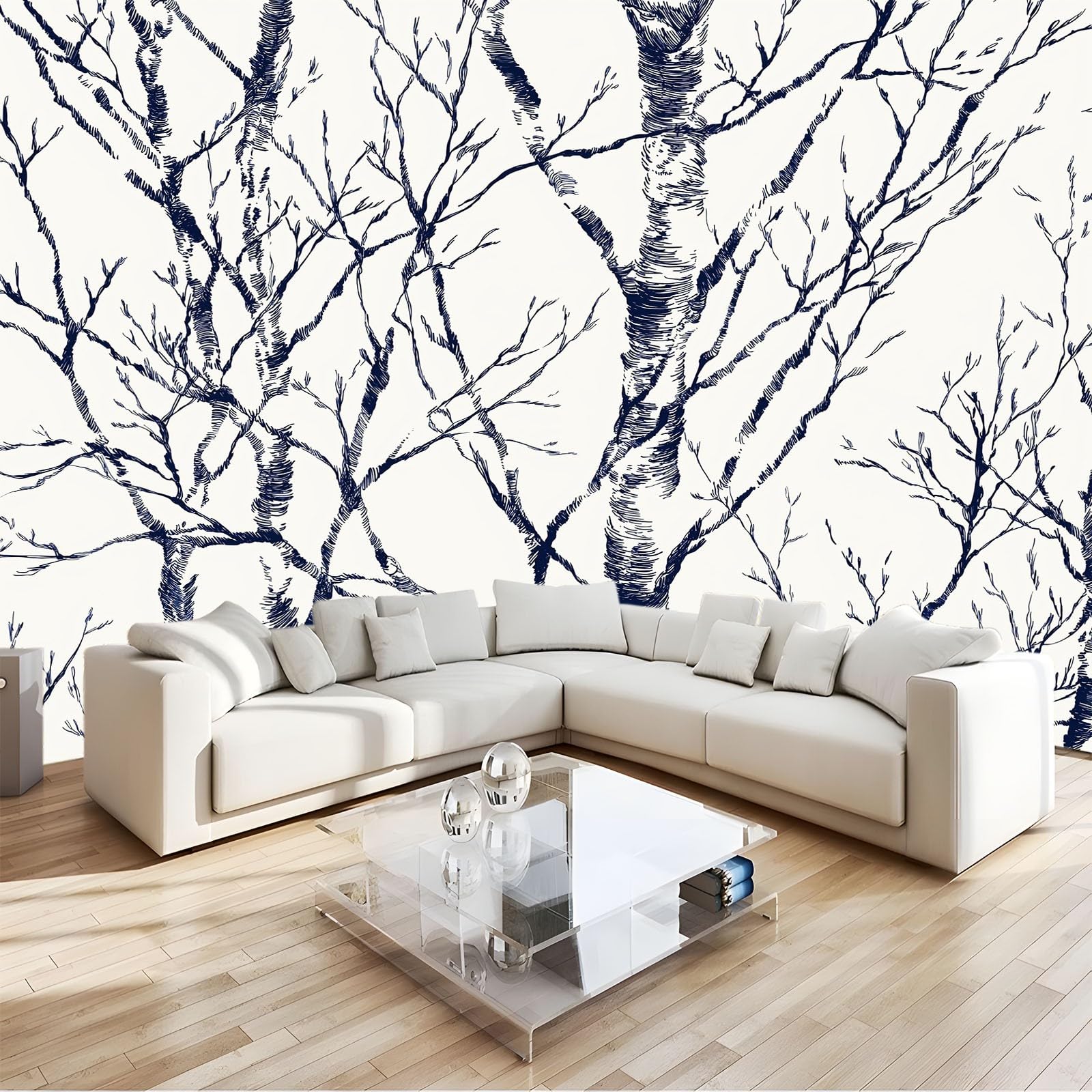 Biała, ręcznie rysowana, zimowa tapeta z motywem gałęzi lasu brzozowego, 350 x 256 cm, włóknina, wysokiej jakości nadruk, fototapeta, duża dekoracja ścienna do salonu, sypialni, biura, jadalni, pokoju