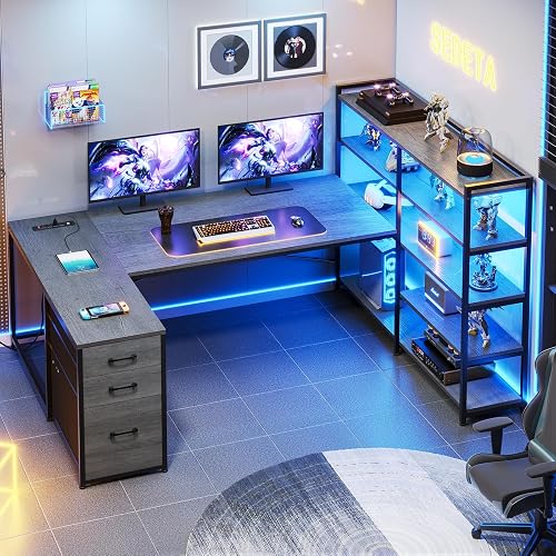 SEDETA Corner Computer Desk with Drawers Outlet & LED Lights