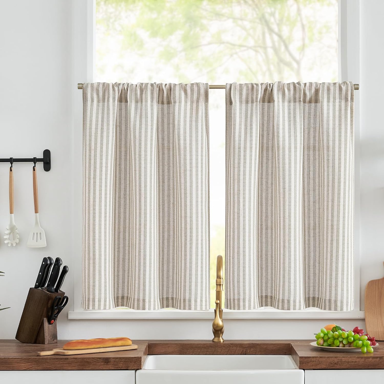Amazon.com: jinchan Striped Linen Kitchen Curtains 30 Inch Length ...